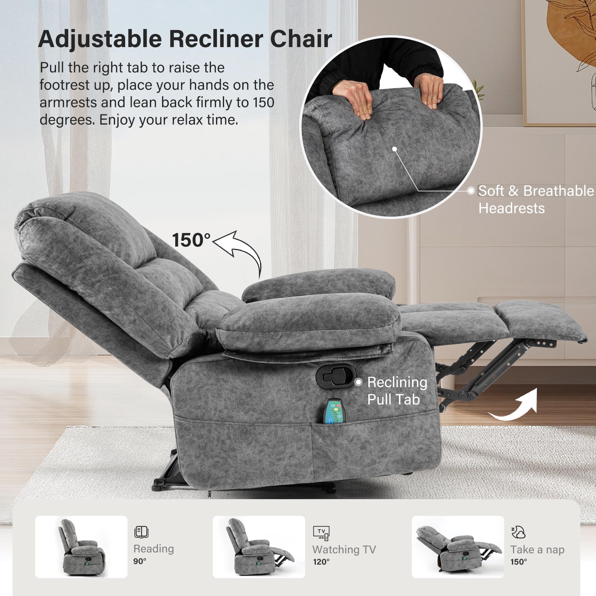 Manual Recliner Chair for Adults with Massage & Heat Function - Soft Reclining Sofa with Side Pockets, Comfortable Fabric Living Room Chair in Grey - Perfect for Relaxation, Reading & Watching TV