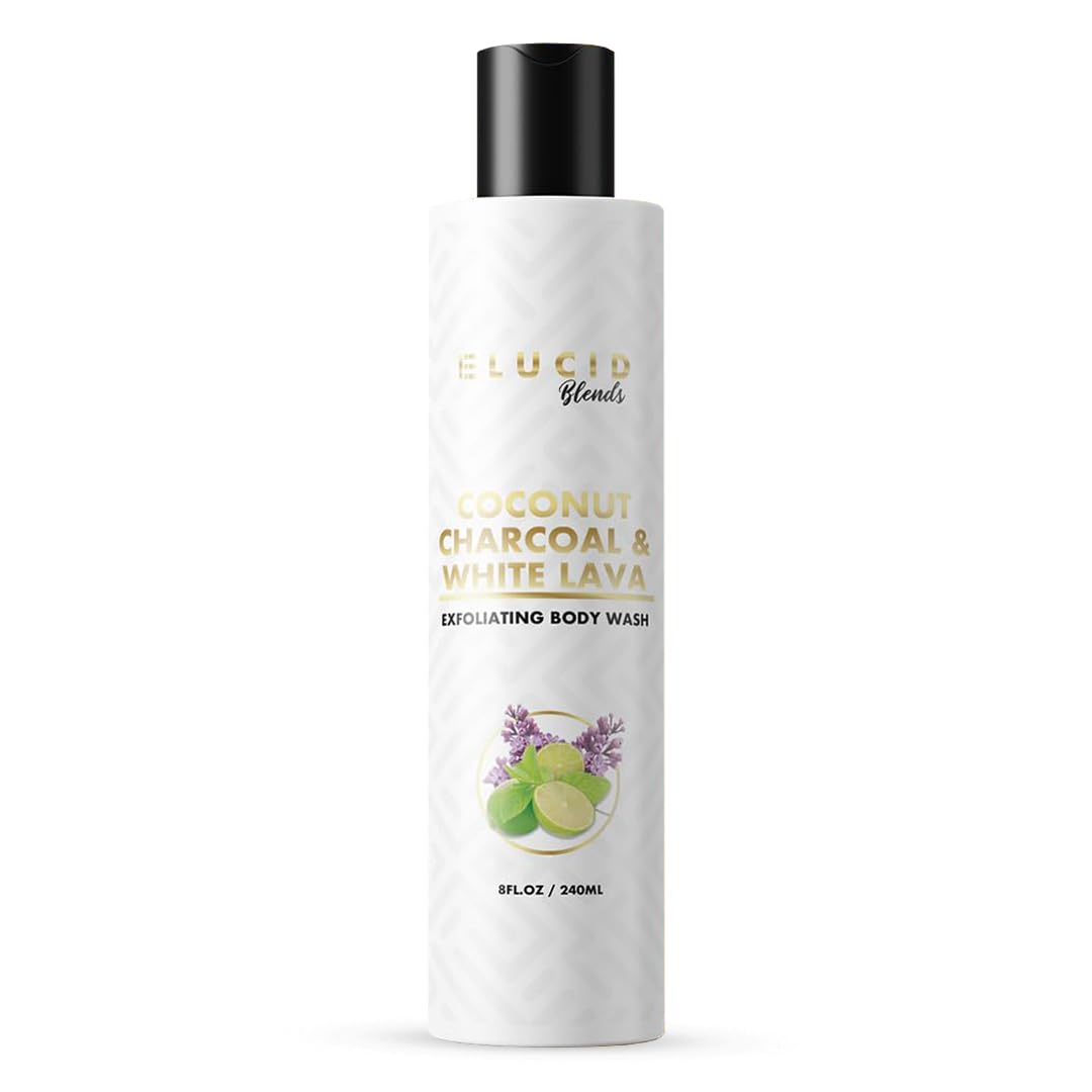 Elucid Blends Coconut Charcoal & White Lava Exfoliating Body Wash - Detoxifying & Skin Polishing Formula for Tired Skin, Fresh Scent (8oz) - Perfect for Post-Workout, Spa Day & Deep Cleansing Routine
