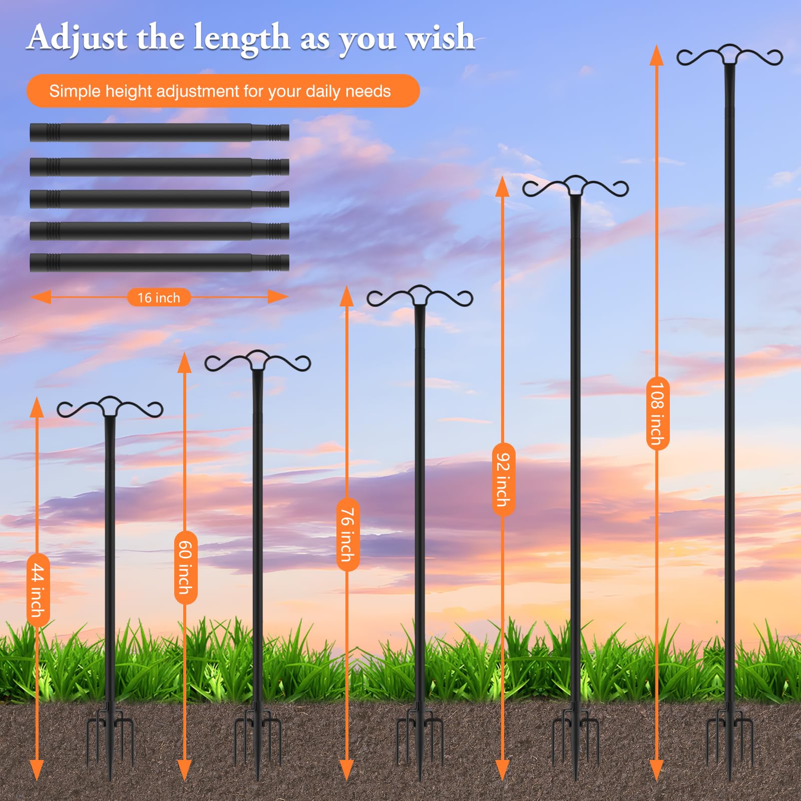 110 Inch Heavy Duty Double Shepherds Hook with 5-Prong Base - Outdoor Bird Feeder Pole for Hanging Lanterns, Hummingbird Feeders & Plants | Perfect for Garden Decor, Patio Hanging Decorations & Backyard Bird Watching