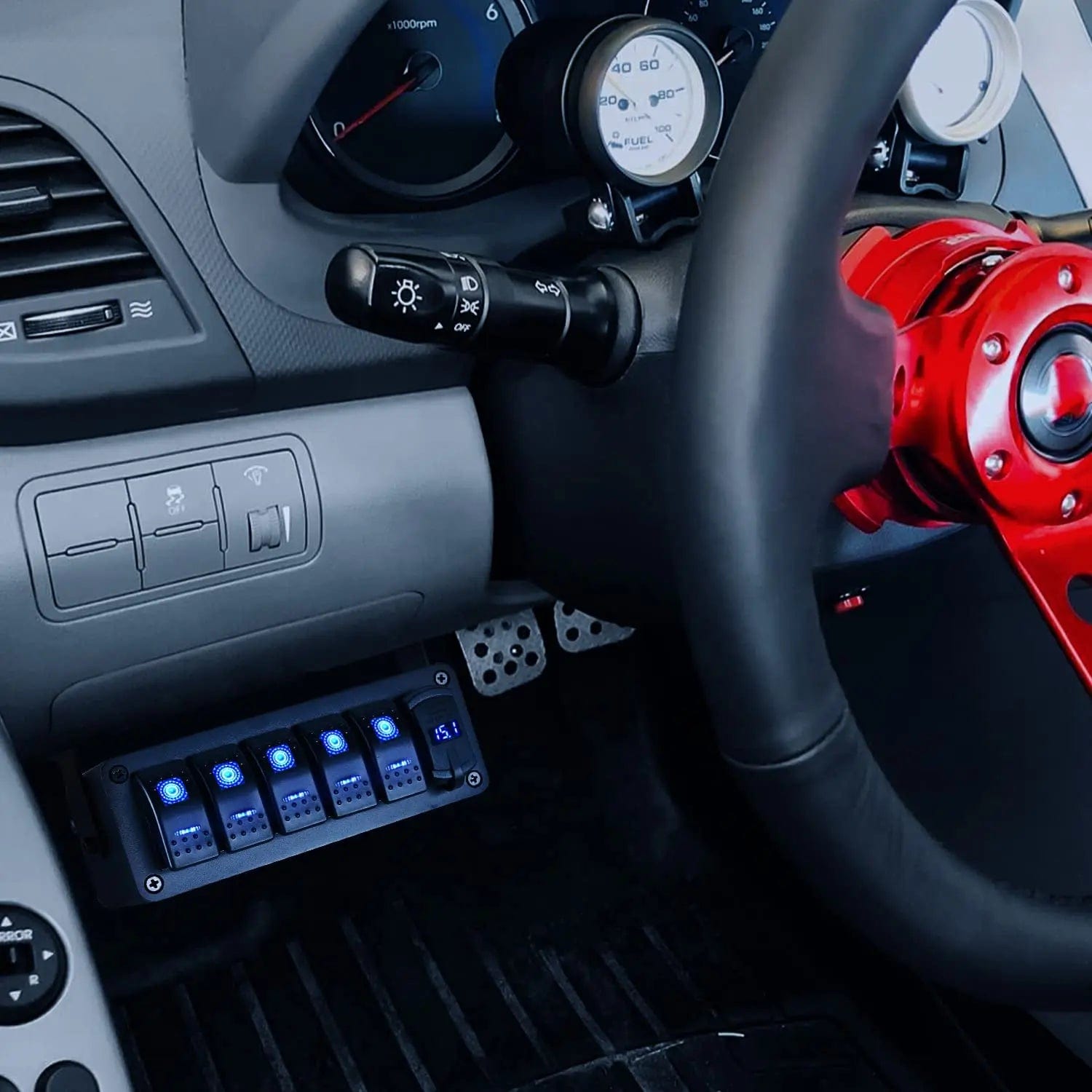 4 Gang Blue Rocker Switch Panel with PD Type C & QC 3.0 USB Charger & Voltmeter - Marine Boat RV Truck Dashboard Power Control for 12V/24V Electrical Systems