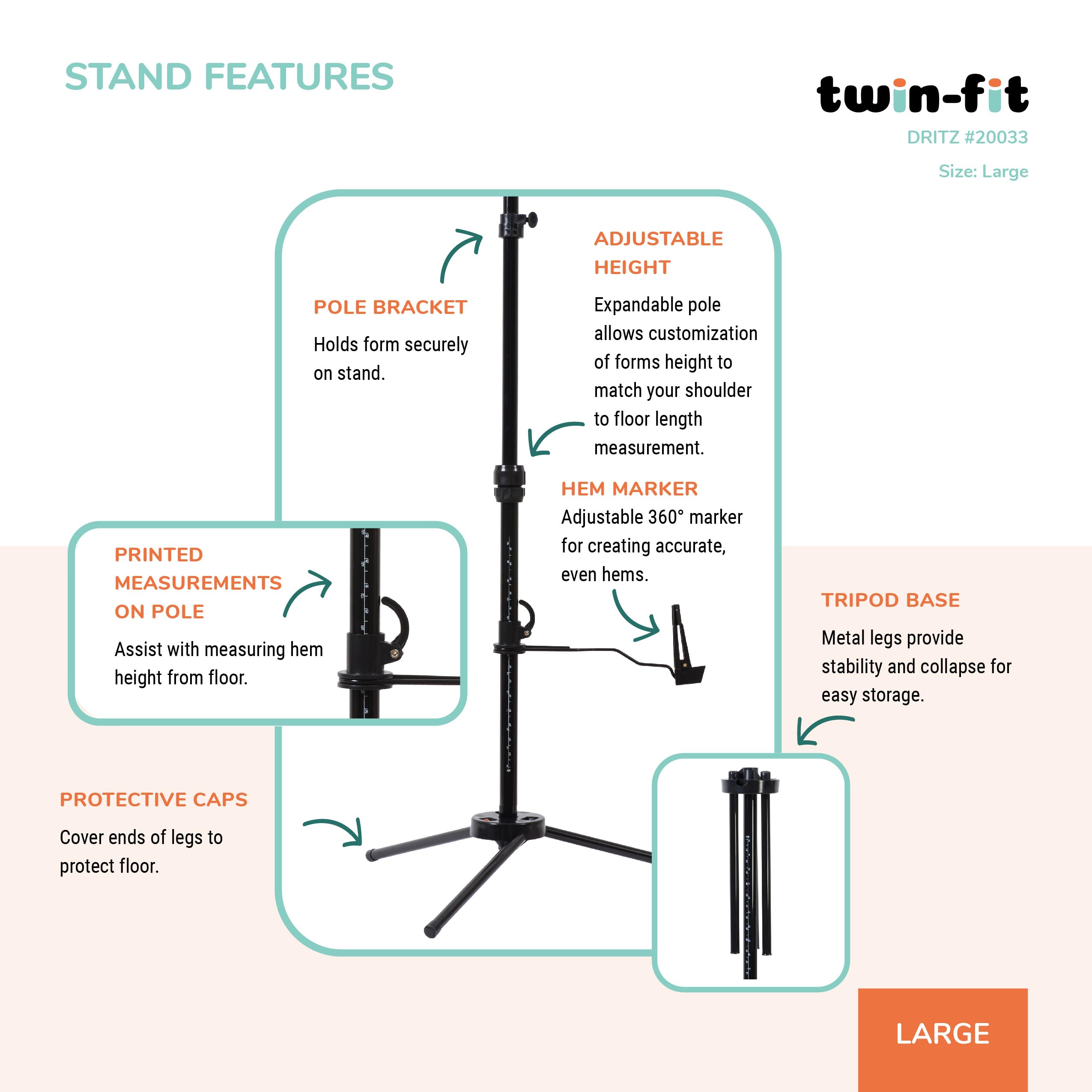 Dritz Twin-Fit Adjustable Dress Form with Tri-Pod Stand - Large Size for Fashion Design, Sewing & Tailoring - Perfect for Dressmaking, Fitting, and Alterations