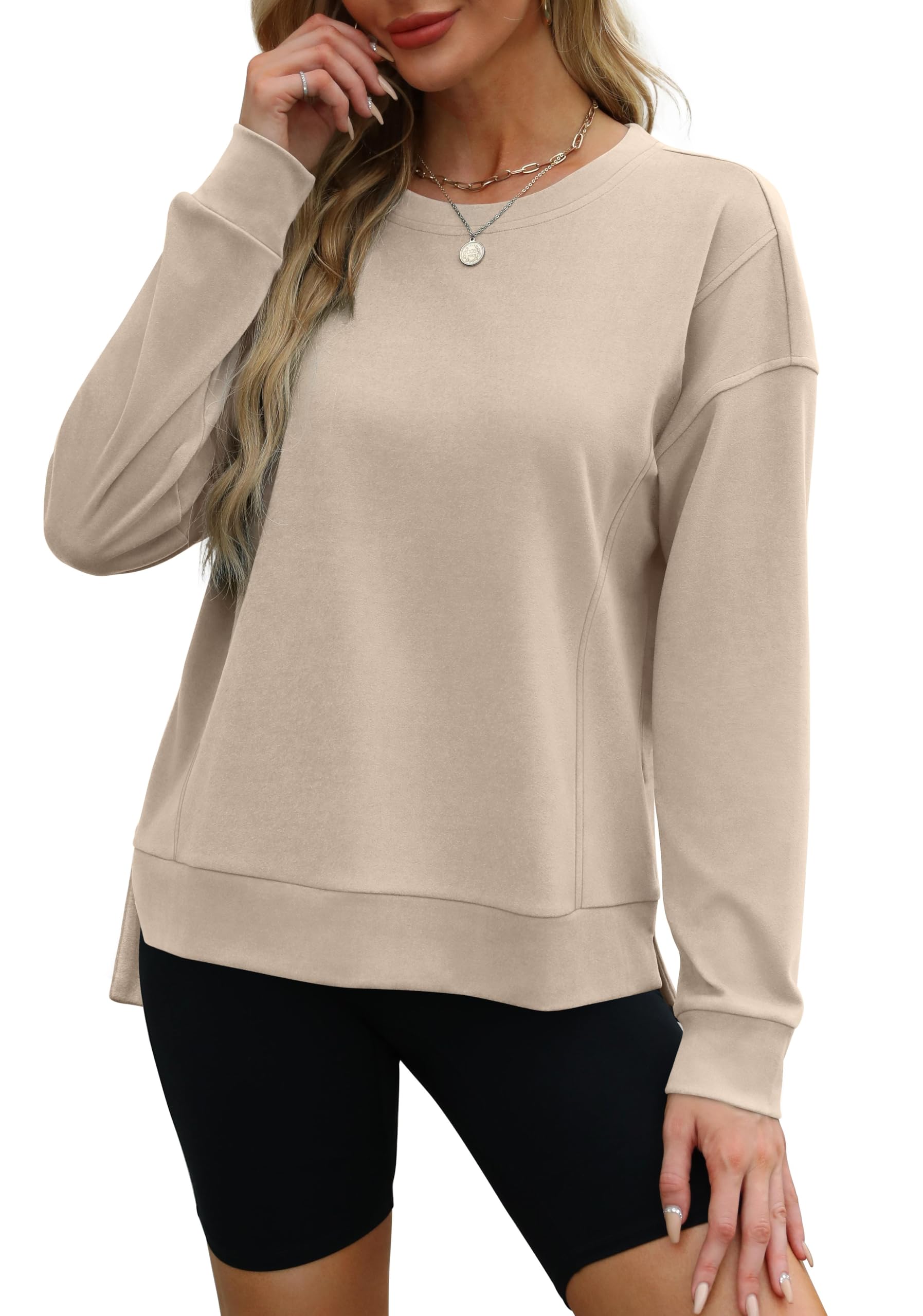 OFEEFAN Women's Crewneck Sweatshirt - Long Sleeve Loose Fit Fall Top with Side Slits | Casual Outfit, Layering Essential & Cozy Loungewear