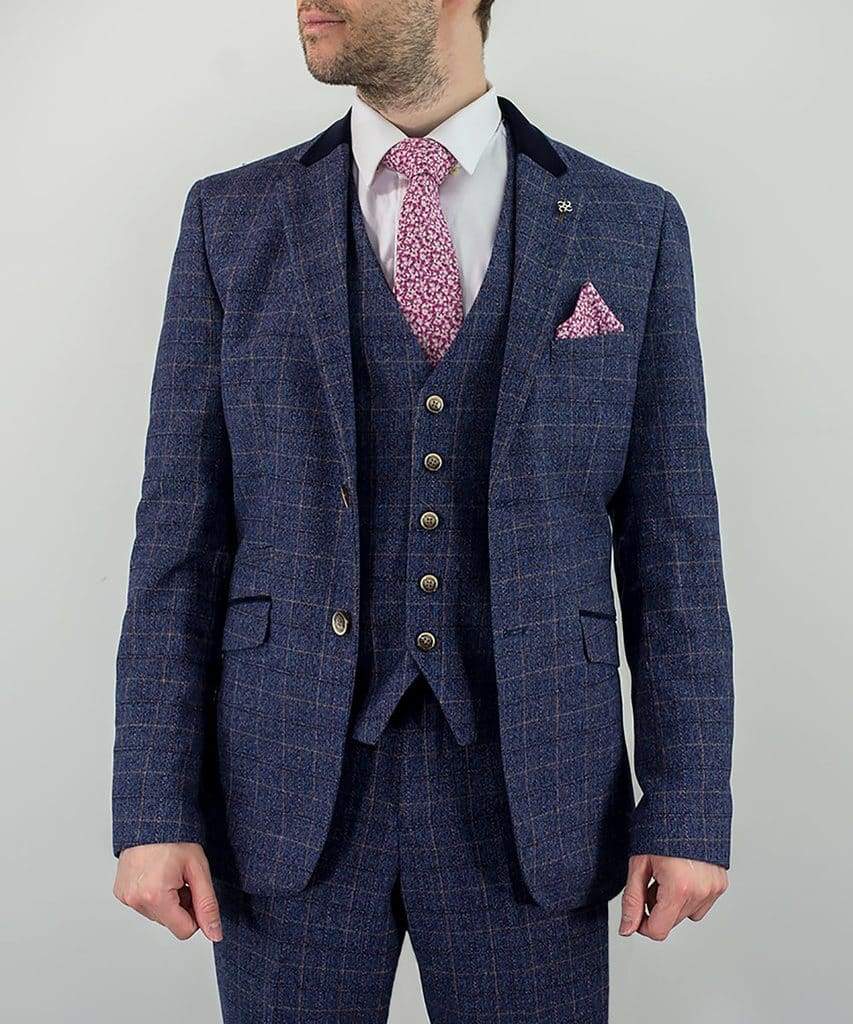 Cavani Matteo Men's Blue Check Slim Fit Tweed Suit - Formal Business Attire for Weddings, Office & Special Occasions