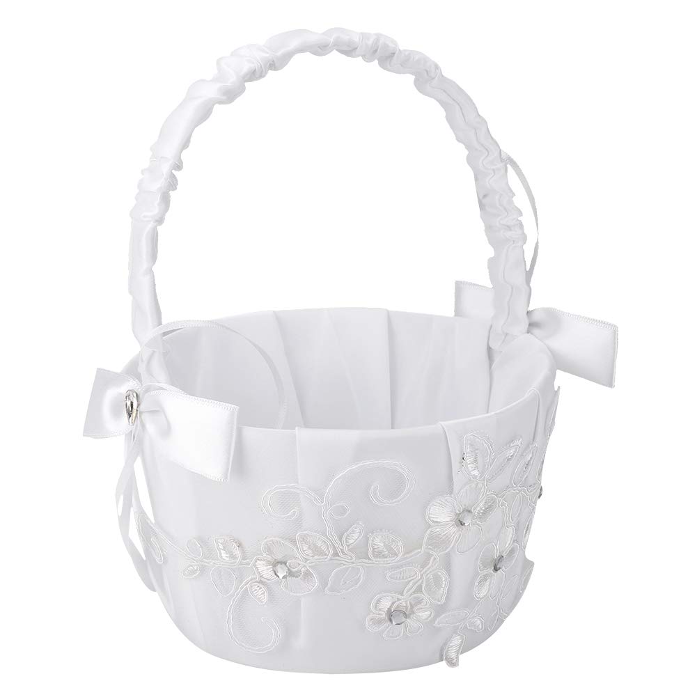 Elegant White Satin Flower Girl Basket with Rhinestone Bowknot - Perfect for Wedding Ceremonies, Banquets & Special Occasions