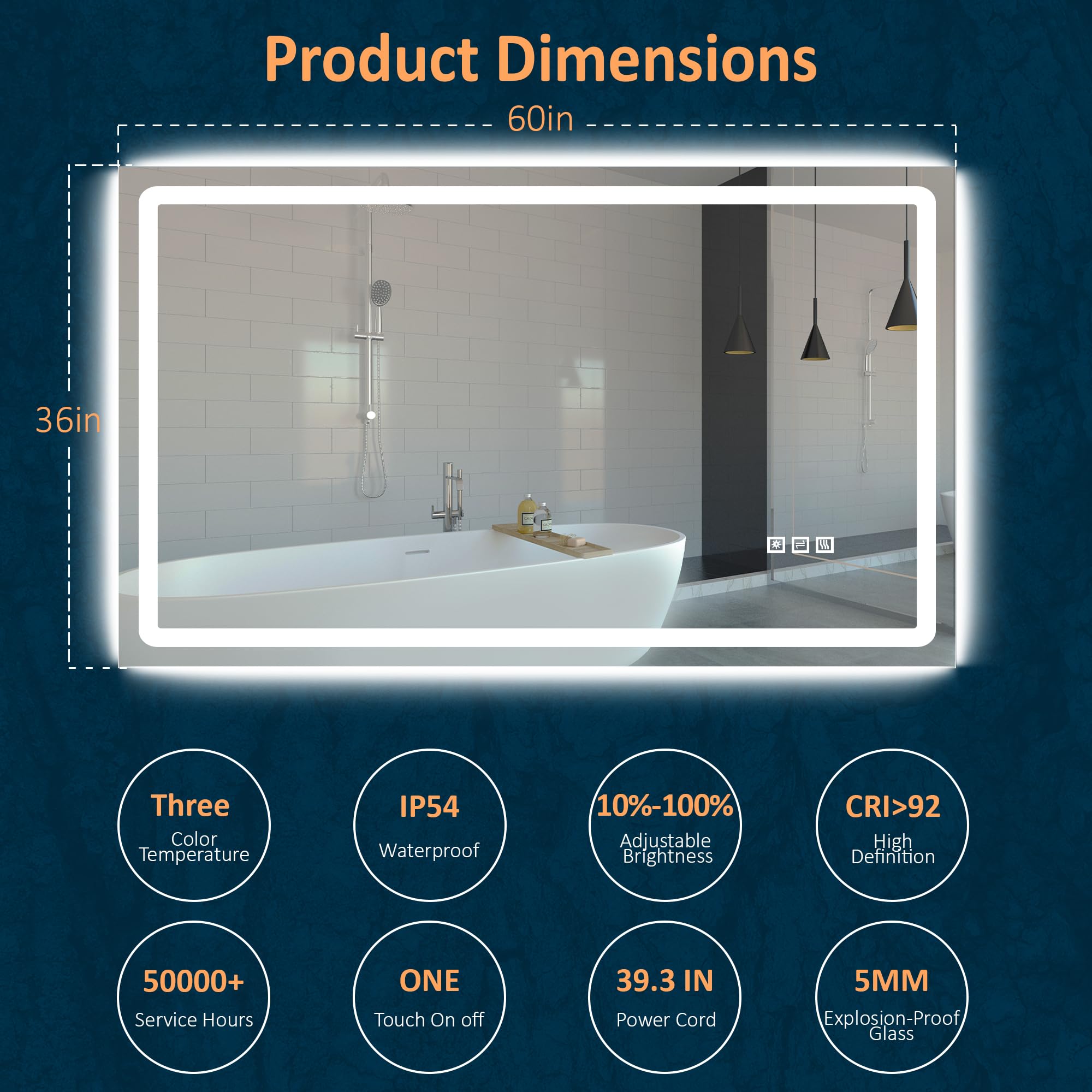 DURASPACE 60 x 36 Inch LED Bathroom Mirror with Front & Back Lighting - Dimmable Anti-Fog Vanity Wall Mirror with Memory Function (Vertical/Horizontal Mounting) - Perfect for Modern Bathrooms, Makeup Vanity & Spa-Like Home Decor