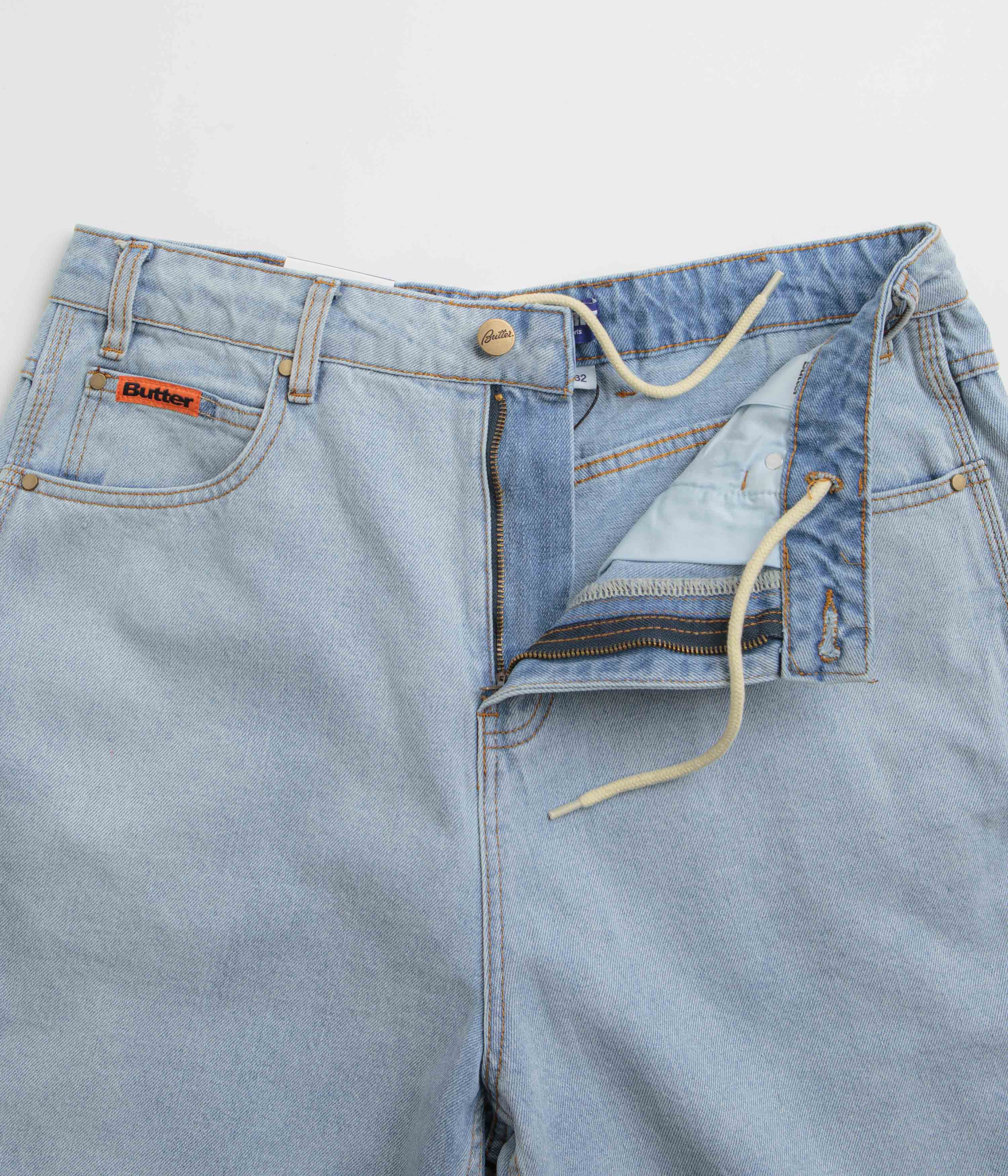 Butter Goods Baggy Denim Shorts for Men - Light Blue Washed Distressed Denim Shorts | Casual Streetwear, Summer Outfits, Beach Style