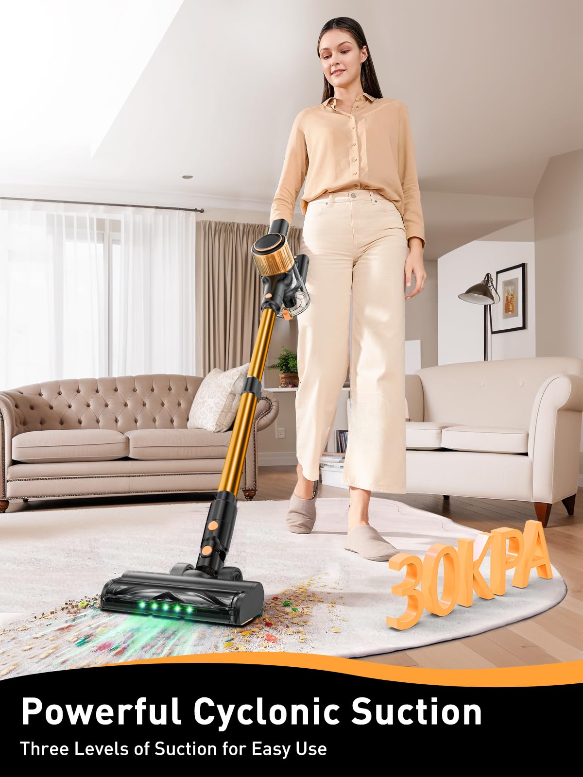 8-in-1 Cordless Vacuum Cleaner with Powerful Suction & LED Display - Lightweight Stick Vacuum for Hard Floors, Carpets & Pet Hair - 3 Adjustable Modes, 45Min Detachable Battery (Golden) - Perfect for Quick Home Cleaning & Pet Owners