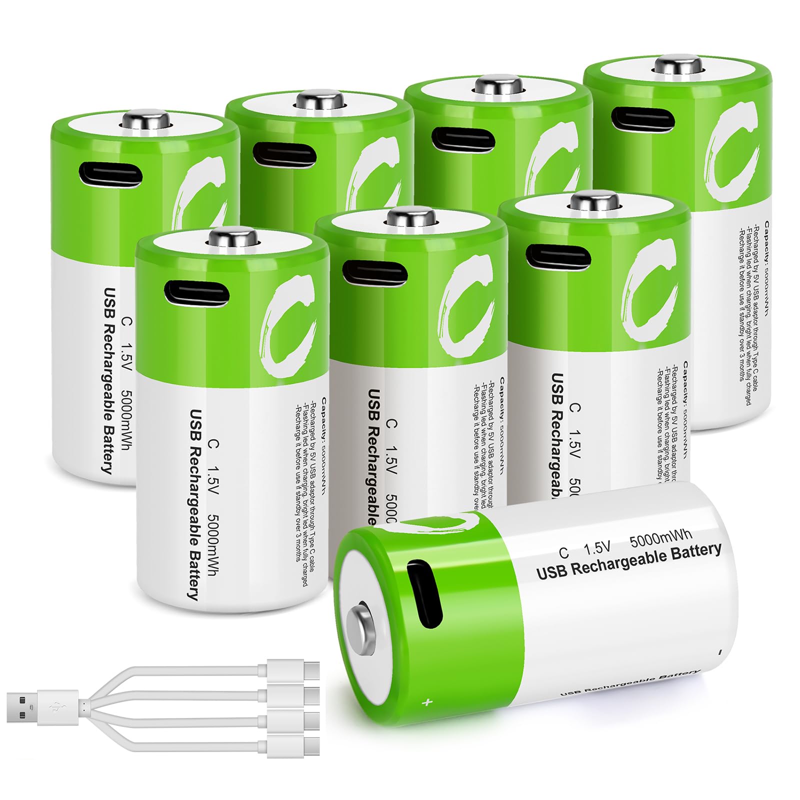 8 Pack Rechargeable C Batteries with USB 4-in-1 Cable - 5000mWh 1.5V Lithium LR14 Batteries for Floodlights, Flashlights & Emergency Lights | Long-Lasting Li-ion Power Supply for Outdoor & Home Use