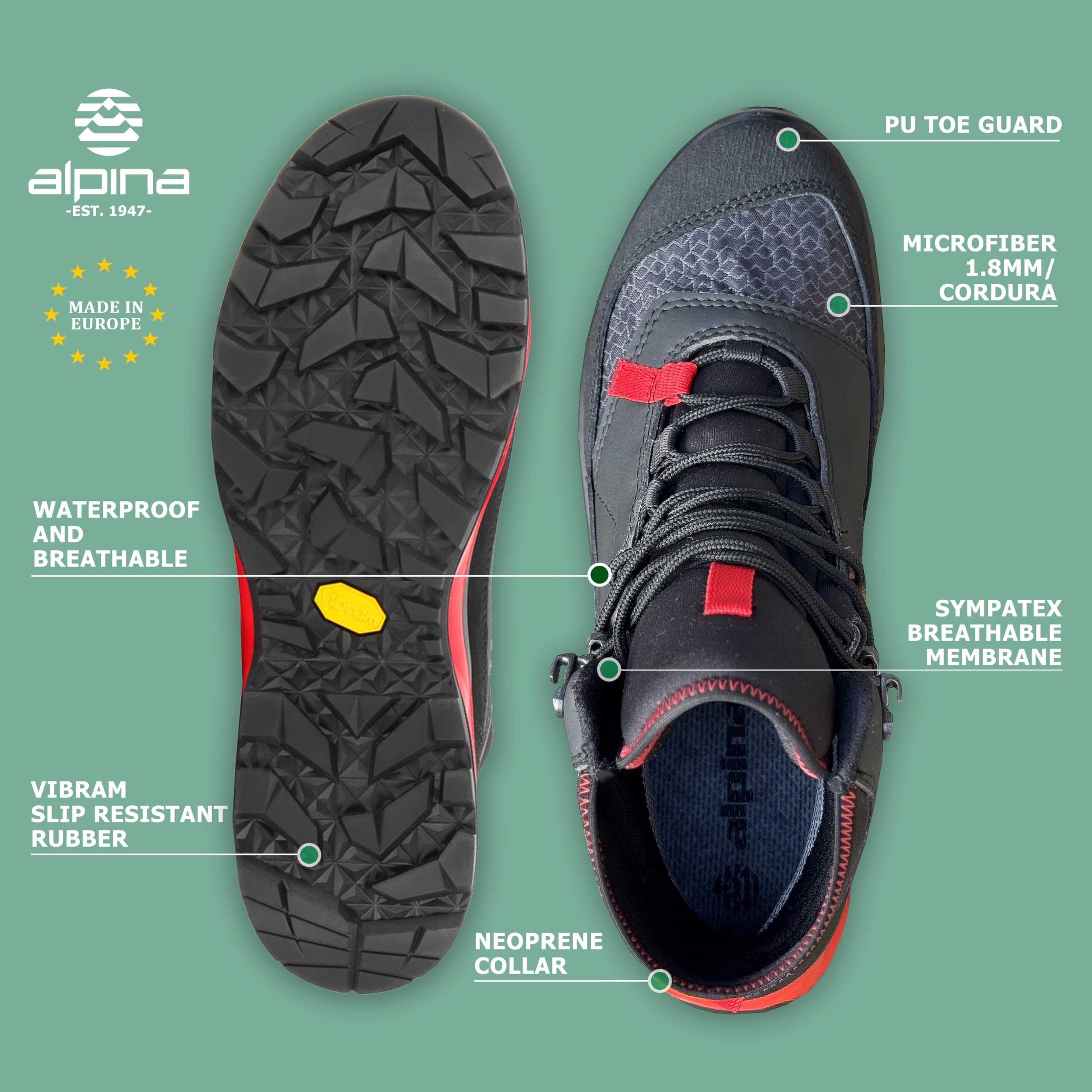 Alpina Men's Waterproof Hiking Boots - Premium Performance Microfiber Upper with Sympatex & Vibram Sole - Made in Europe - Ideal for Outdoor Adventures, Trekking, and Mountain Climbing