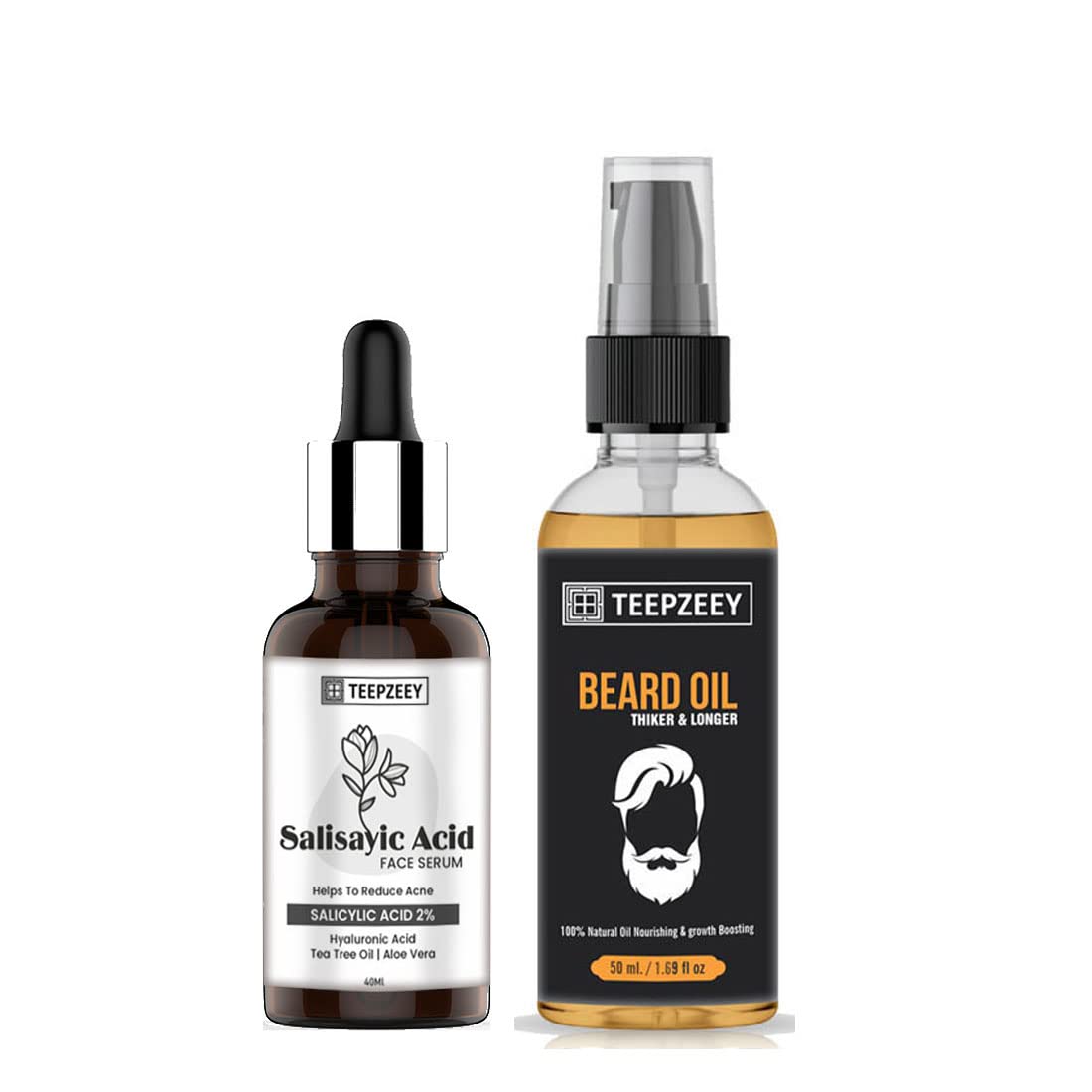 TEEPZEEY Natural Beard Growth Oil for Thicker & Longer Facial Hair - 50ml | Salicylic Acid Face Serum for Acne Treatment, Pimple & Dark Spot Removal - 40ml | Grooming Kit for Men's Daily Skincare & Beard Care Routine
