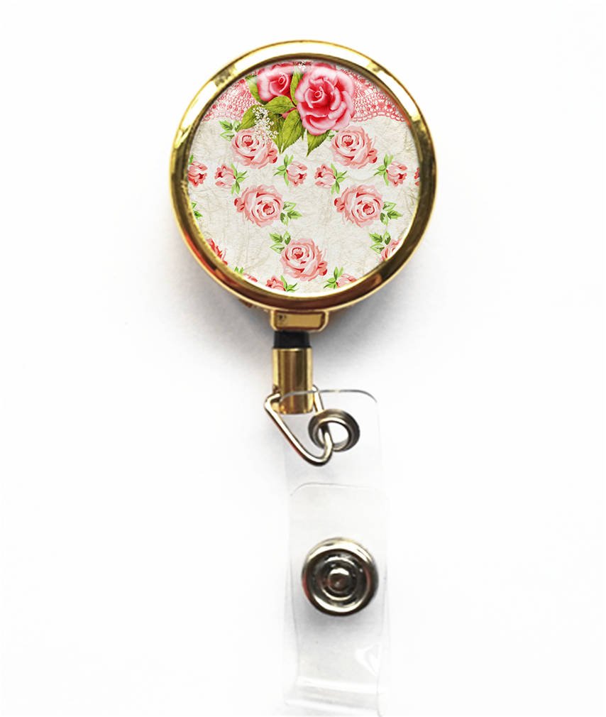 RhyNSky Elegant Floral Design Retractable ID Badge Holder with Belt Clip - Gold Business Name Tag Reel for Office, Events & Conferences (Model C1288)