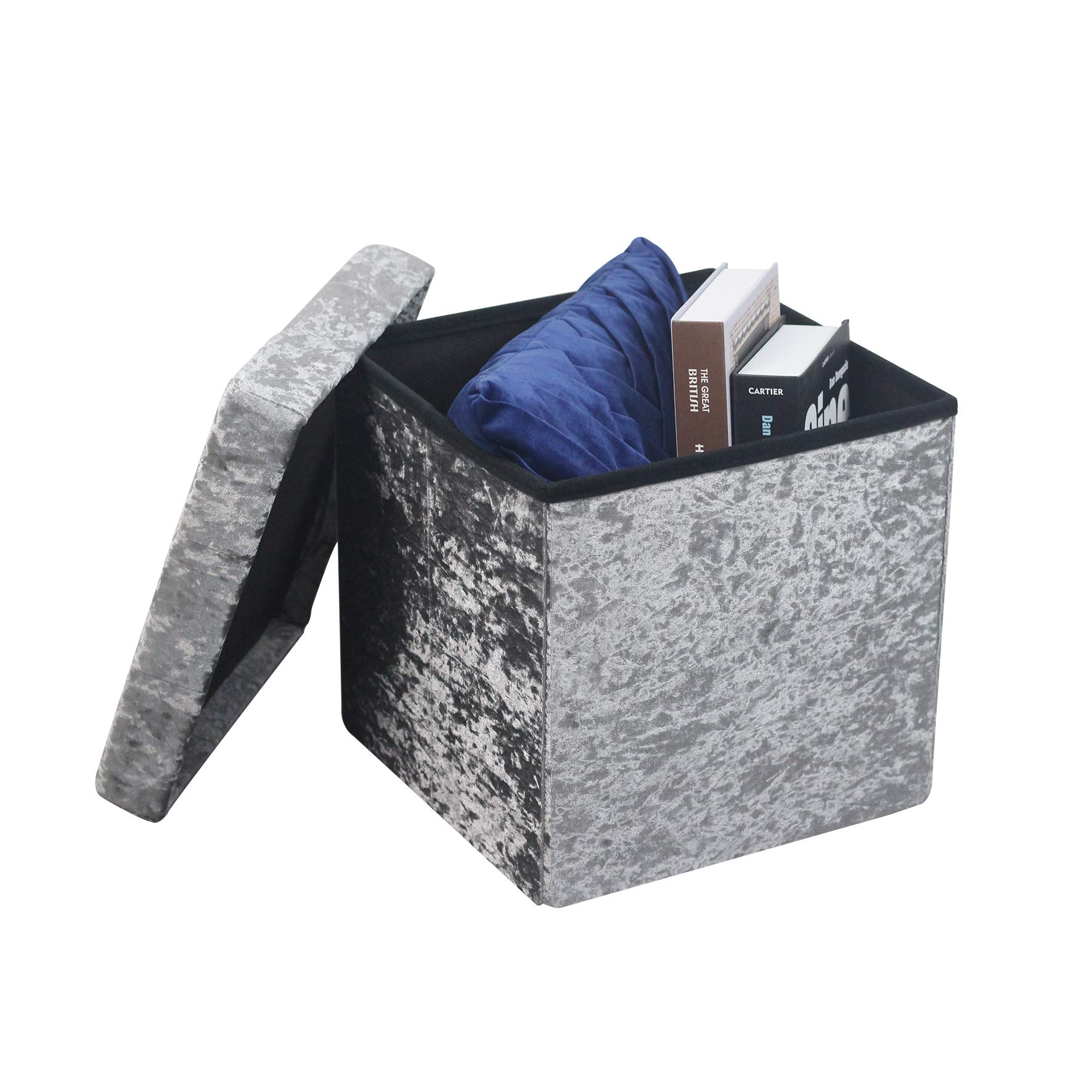 HomeHarmony® Crushed Velvet Quilted Storage Ottoman - Foldable Footrest Stool with Removable Top, Multi-Purpose Toy & Blanket Storage Box (Medium Silver) - Perfect for Living Room, Bedroom & Nursery Organization