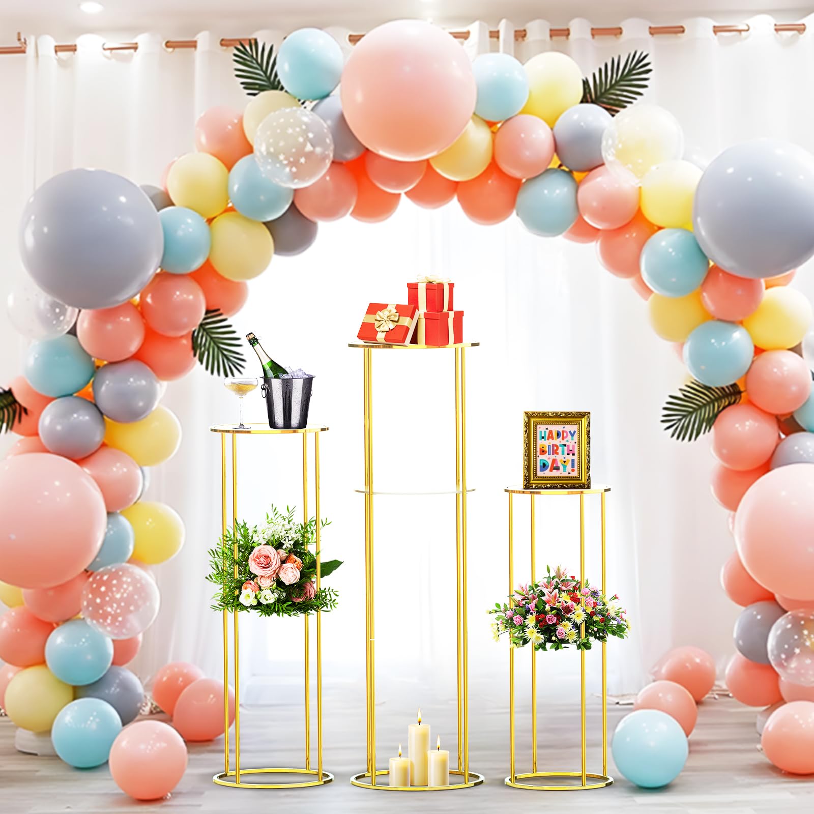 3-Piece Gold Metal Cylinder Stands for Party Display - Double Panel Round Pedestal Table, Plant Stand for Planter Flower - Perfect for Living Room Centerpieces, Wedding Decor & Event Displays