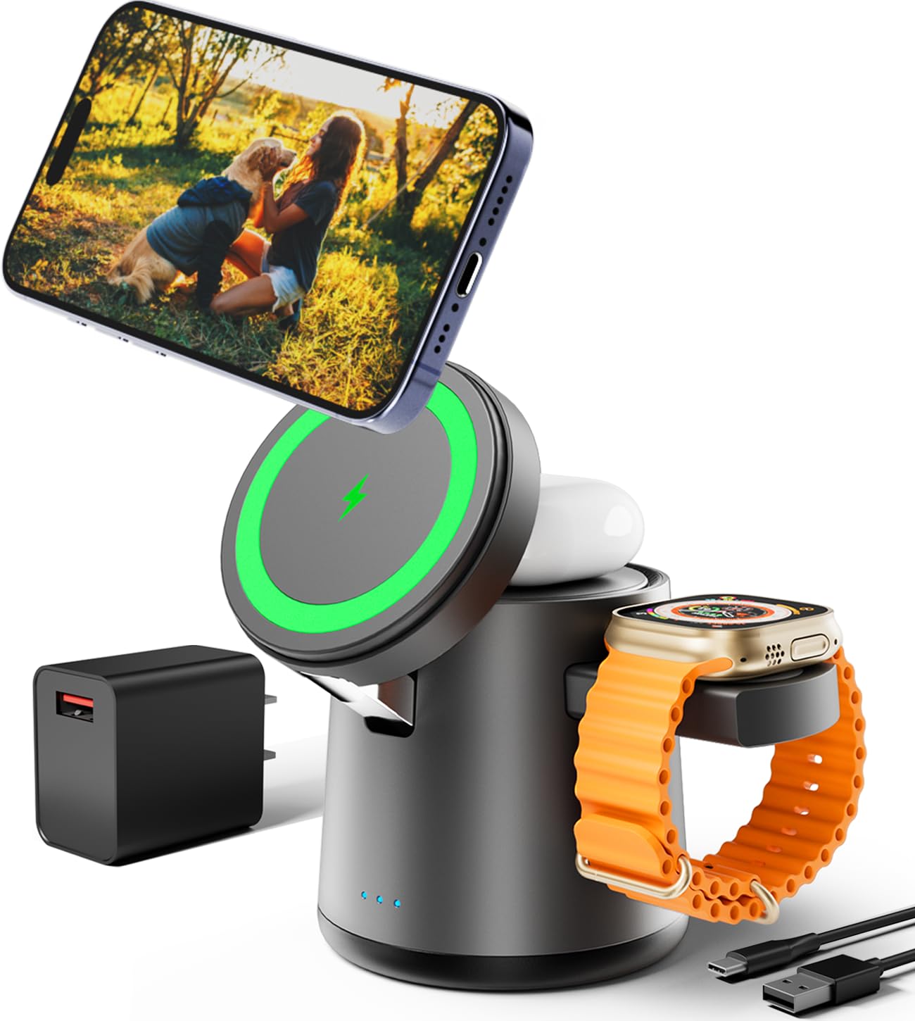 2025 Upgrade 3-in-1 Magnetic Wireless Charging Station - Fast Charging Dock for iPhone 16/15/14/13/12 Pro Max, Apple Watch & AirPods | Adjustable Portable Stand | Perfect for Home, Office & Travel (Gray)