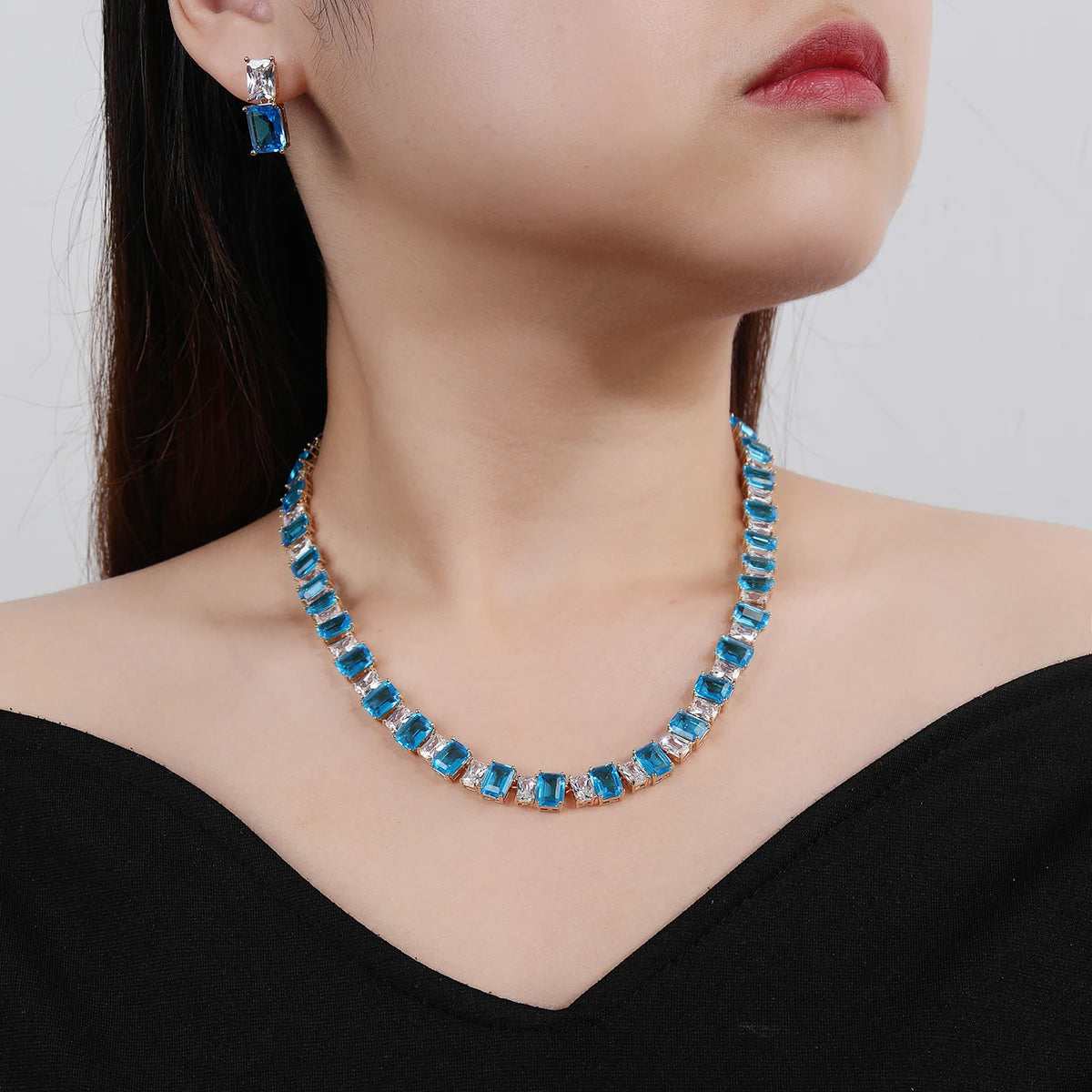 Luxury Square Cubic Zirconia Necklace and Earrings Set for Women - Elegant Wedding Bridal Jewelry Accessories - Perfect for Bridal Showers, Anniversaries & Formal Events