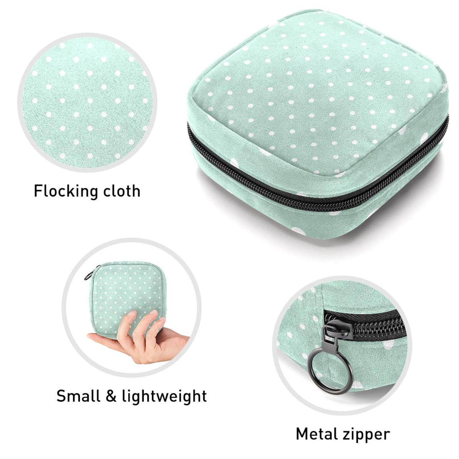 Sanitary Pad Organizer Bag - Reusable Menstrual Cup Pouch & Feminine Hygiene Storage Case for Women & Girls - Mint Green with White Polka Dots - Perfect for Travel, Gym, and School Essentials