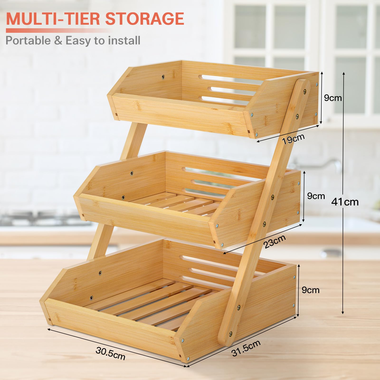 Premium Bamboo Fruit Basket - 15mm Thick Kitchen Countertop Organizer for Fruits & Vegetables | Durable Storage Stand with Easy Self-Assembly | Perfect for Pantry, Dining Table, and Farmhouse Style Kitchens