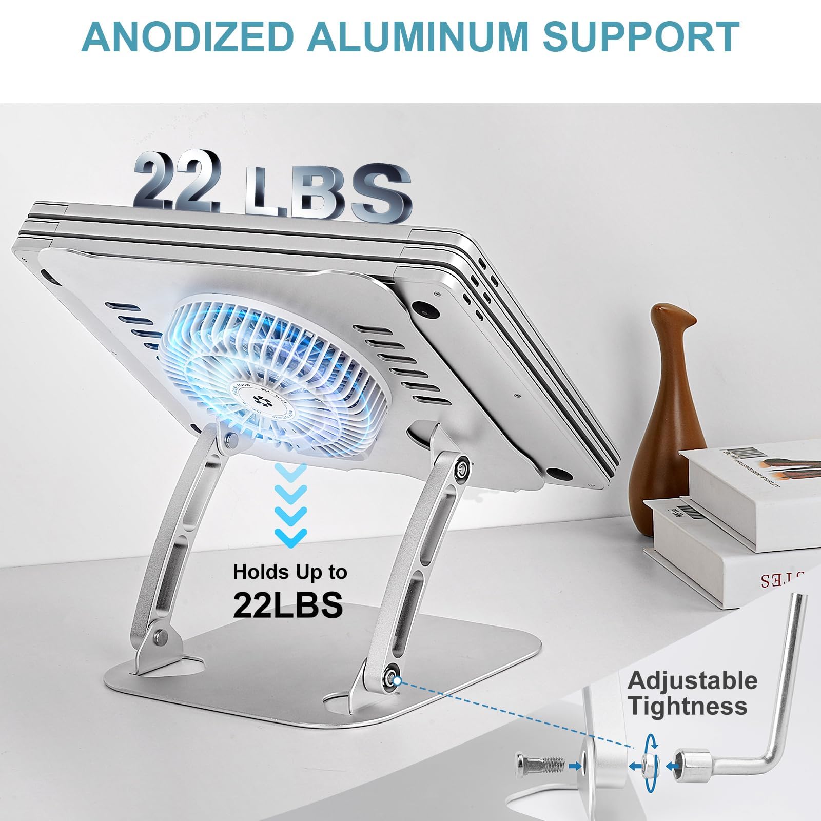 3-Speed Laptop Cooling Stand with Adjustable Height - Ergonomic Aluminum Cooling Pad for 10-15.6