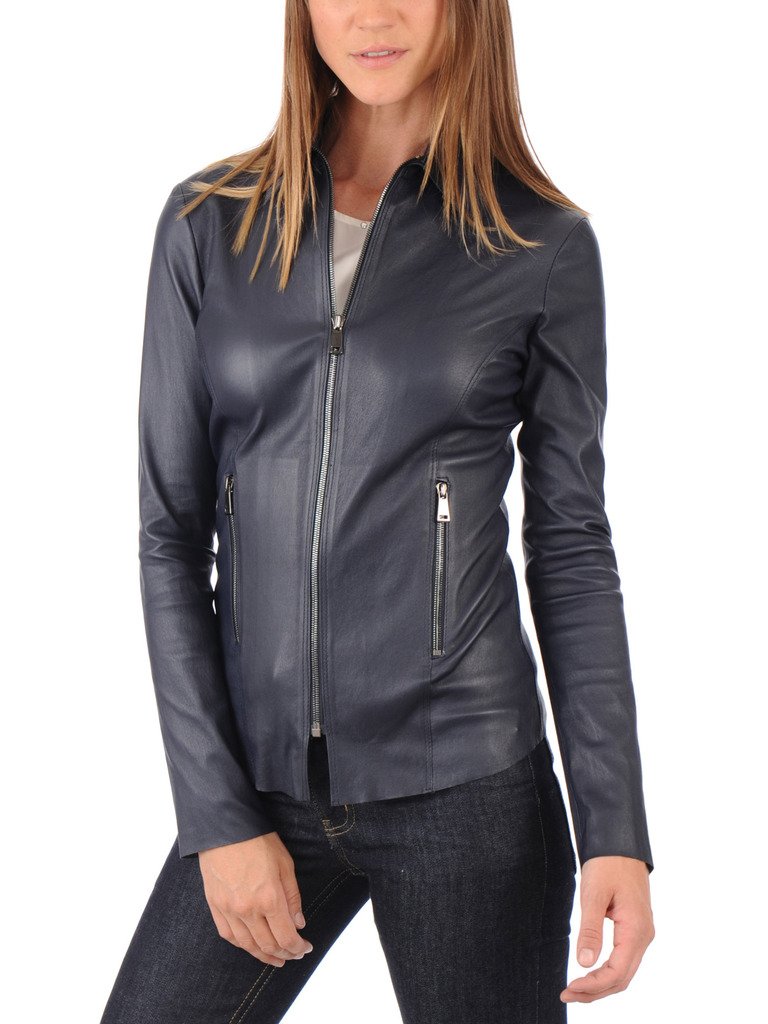 Women's Blue Bomber Biker Jacket - Genuine Lambskin Leather Jacket for Motorcycle Riding & Casual Outfits | Perfect for Everyday Wear & Night Out
