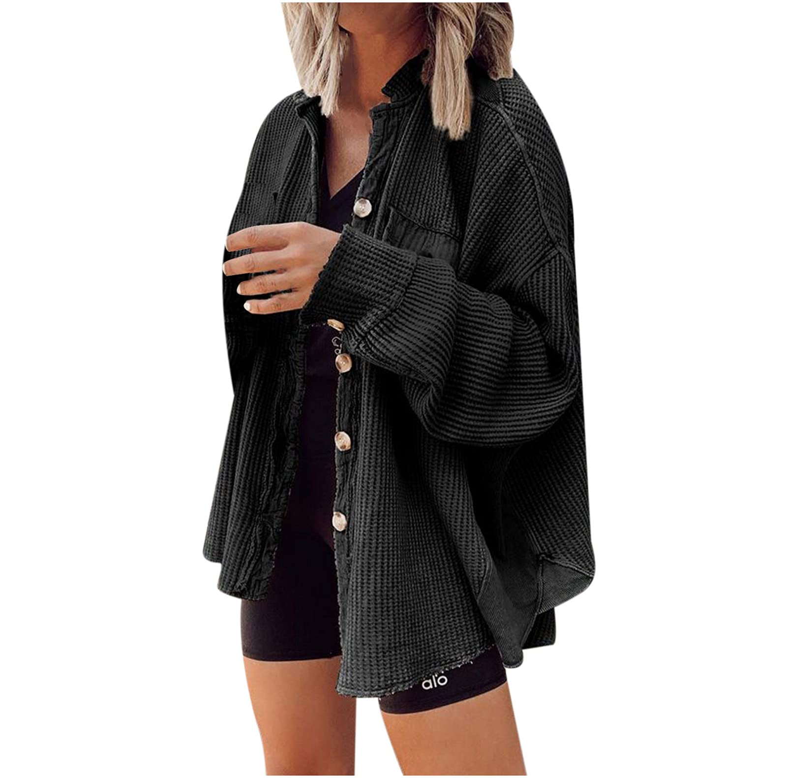 Women's Waffle Knit Cardigan with Stand-Up Collar & Pockets - Long Sleeve Button Up Blouse for Autumn - Perfect for Office Wear, Casual Outfits & Layering in Cool Weather