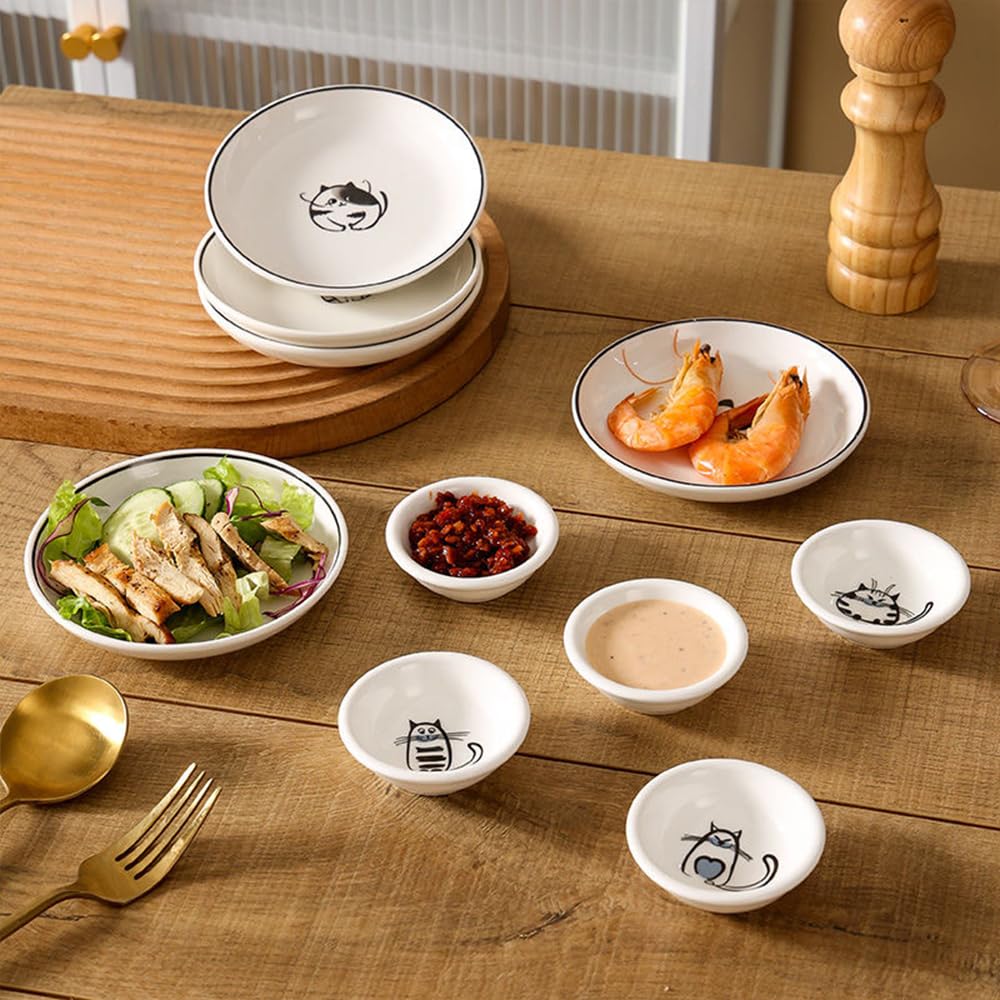 Premium Ceramic Cat-Shaped Side Sauce Dishes - Set of 4 | Sushi Soy Sauce Dipping Bowls, Cookie Serving Plates, Tea Bag Holders | Perfect for Japanese Cuisine, Tea Parties & Home Decor