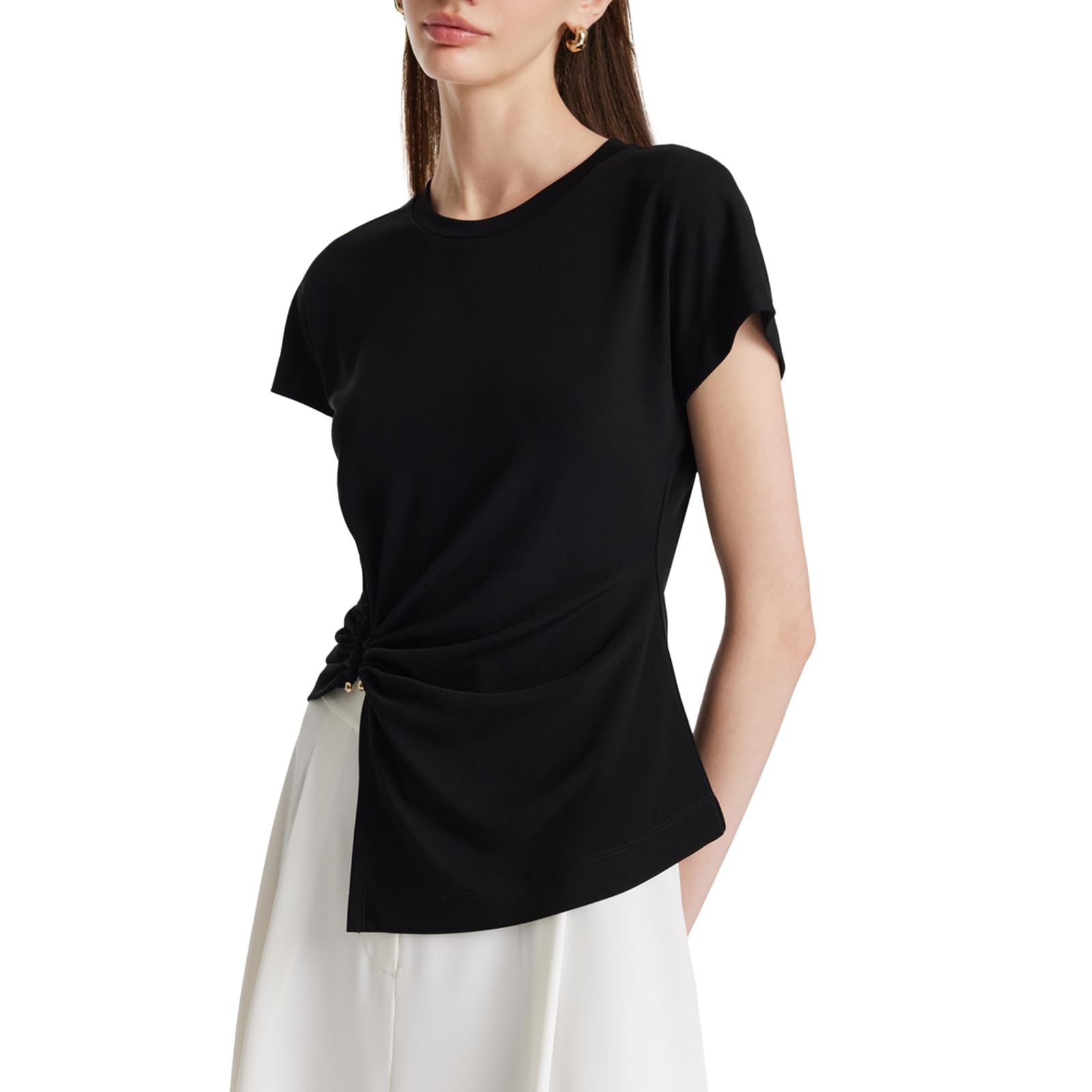 Women's Summer Casual Fitted Acetate Short Sleeve T-Shirt - Waist Twist Asymmetric Hem Knit Crop Top for Going Out | Perfect for Beach, Party & Date Night Outfits