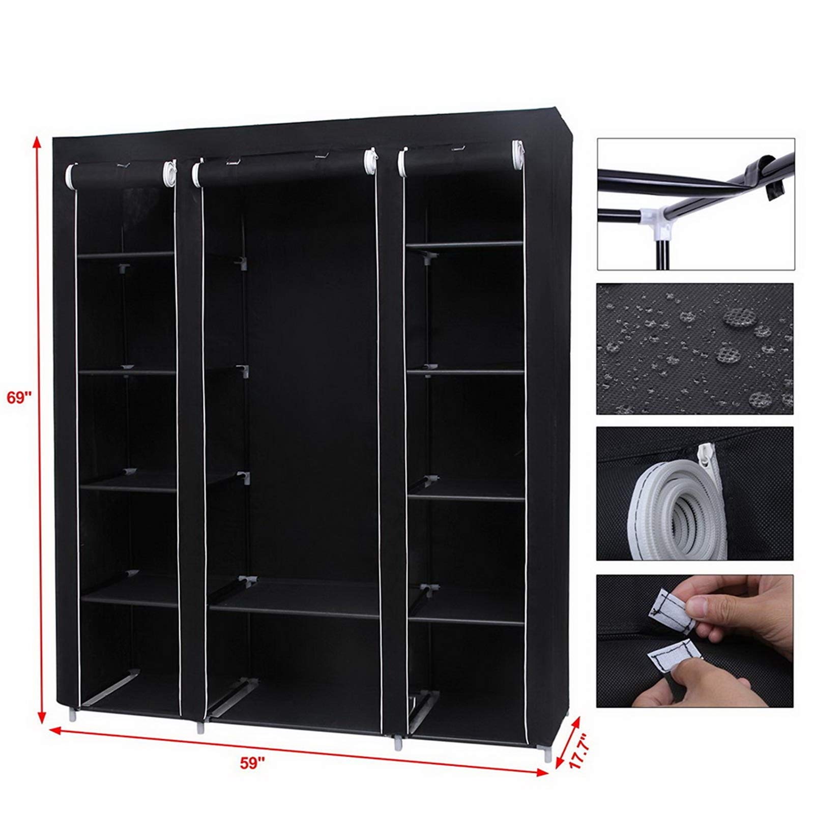 Portable Closet with Metal Shelves & Dustproof Cover - Large Wardrobe Organizer for Clothes Storage | Perfect for Small Spaces, Dorm Rooms & Seasonal Clothing Organization (Black)