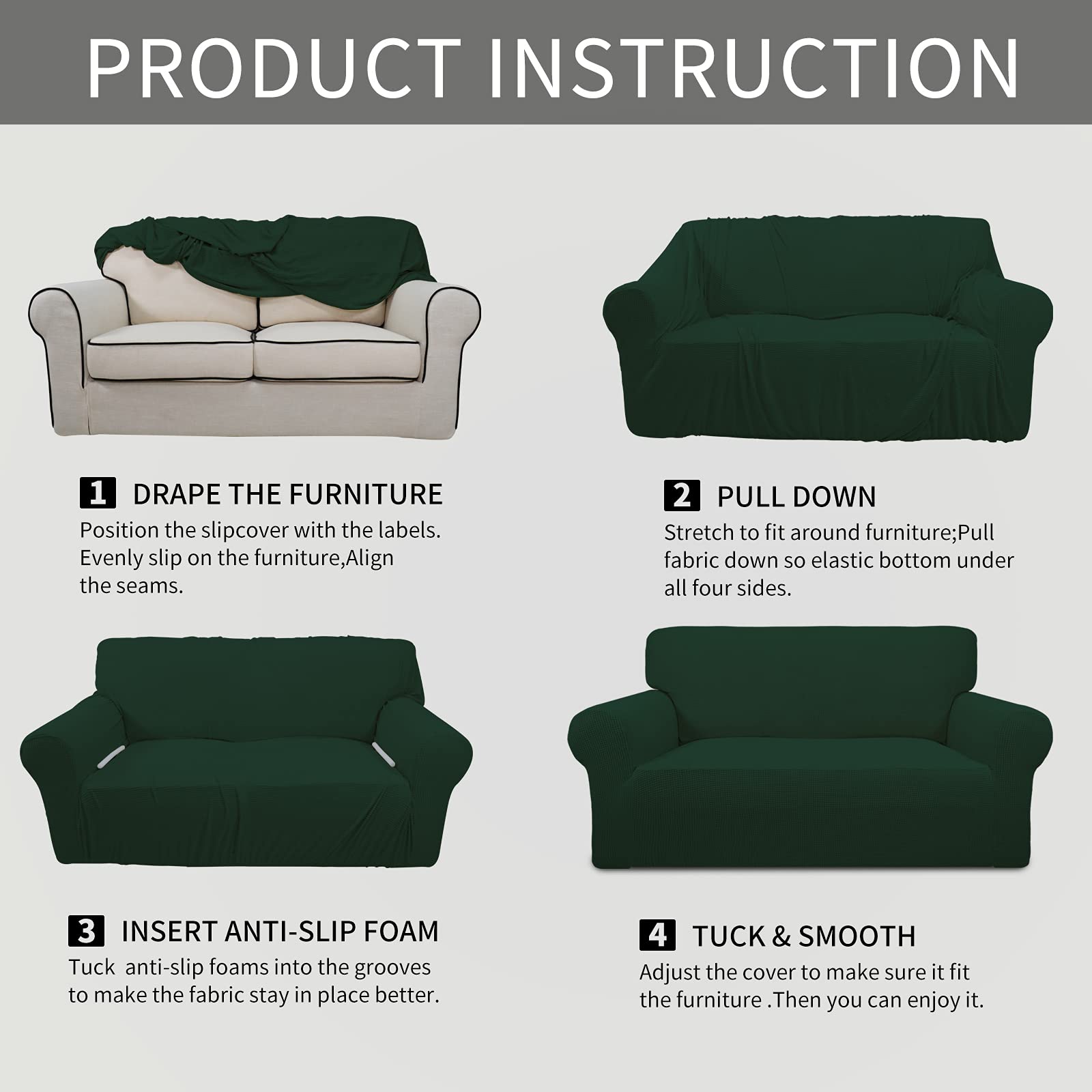Stretch Sofa Slipcover - 1-Piece Elastic Furniture Protector for Couches & Chairs - Soft Spandex Jacquard Fabric with Small Checks - Dark Green - Perfect for Kids & Pets - Ideal for Living Room, Bedroom, and Home Decor Protection
