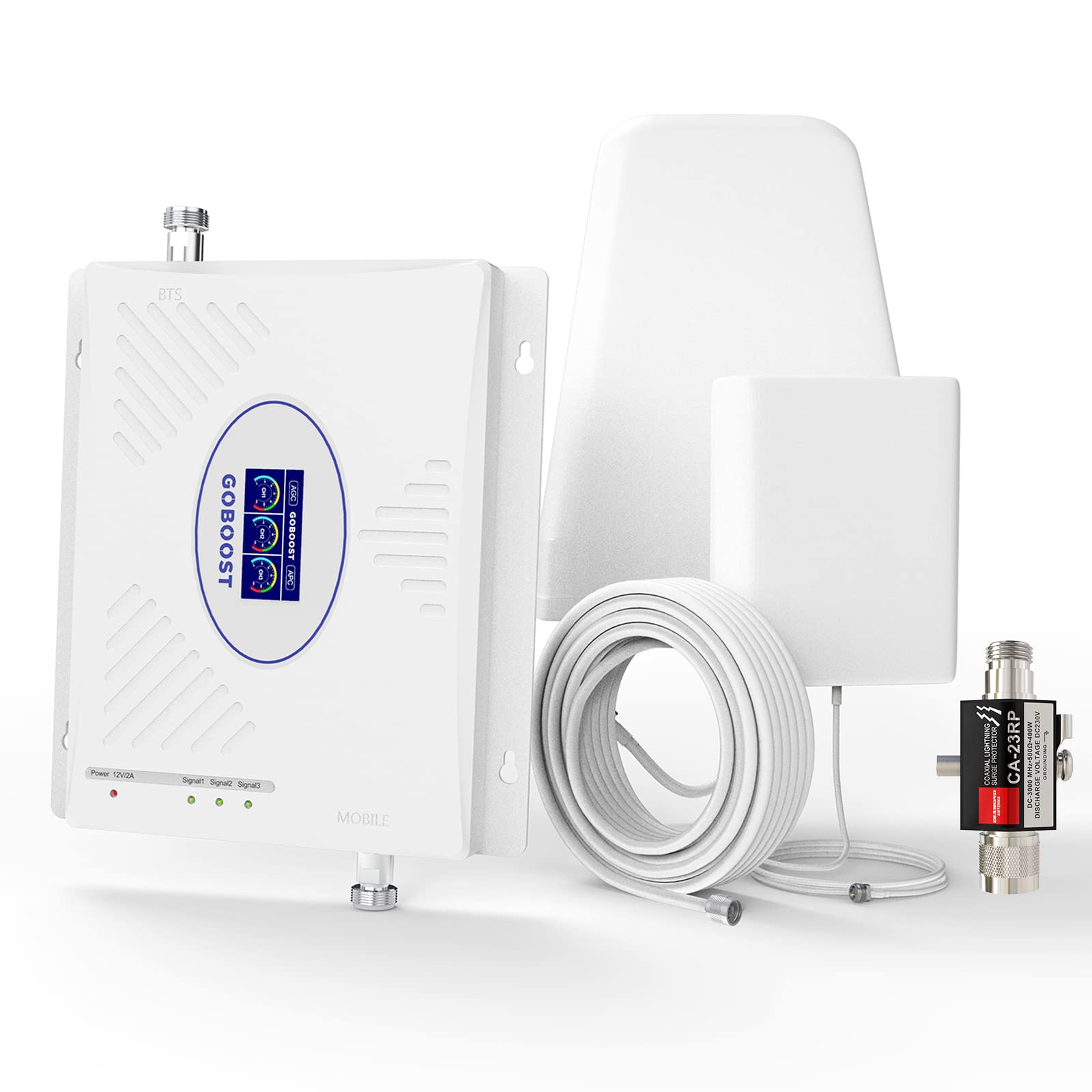 Goboost 2G 3G 4G LTE Tri-Band (2/4/5) Cell Phone Signal Booster Amplifier Repeater for Home & Office - Compatible with AT&T, Verizon, T-Mobile, US Cellular - Includes N-Type Coaxial Lightning Arrestor - Improve Weak Signals for Better Calls & Streaming