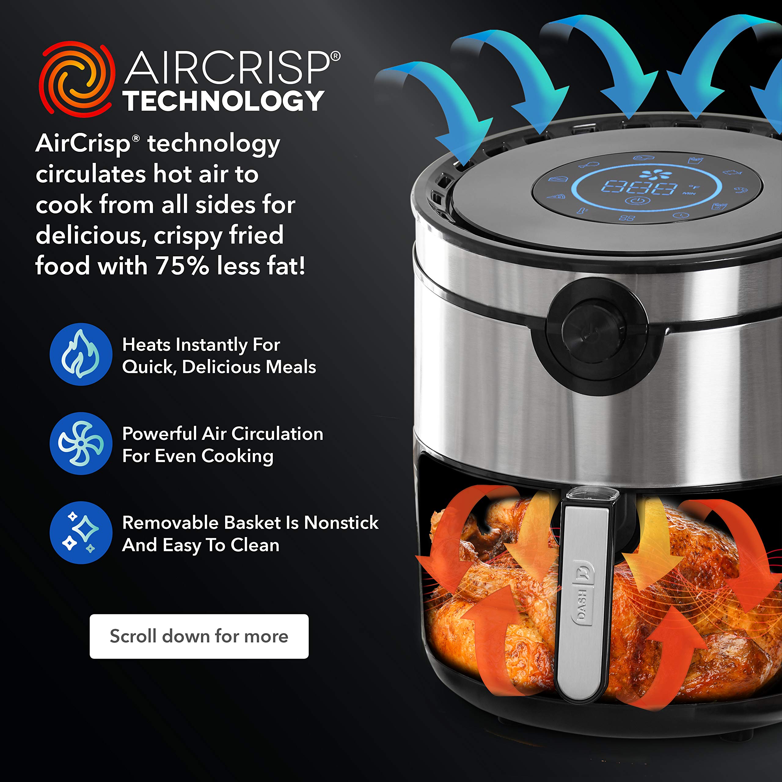 Dash DFAF600GBSS01 AirCrisp Pro 6QT Digital Air Fryer Oven - 8 Presets, Temp Control, Non-Stick Basket, Auto Shut Off - Stainless Steel Electric Cooker for Healthy Frying, Baking, Roasting - Perfect for Family Meals, Snacks & Meal Prep