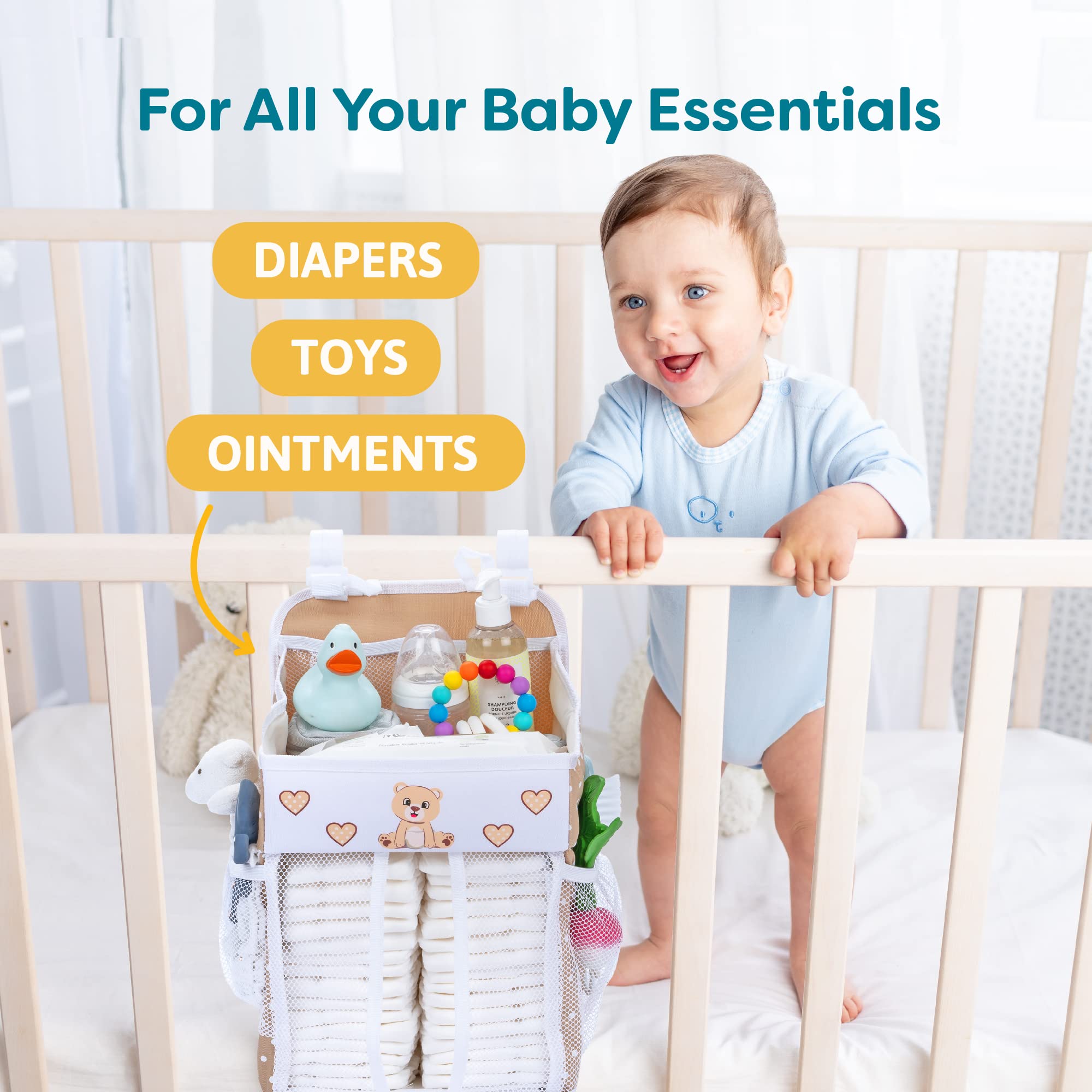 Hanging Diaper Caddy Organizer - Baby Shower Gift for New Parents | Holds 50+ Diapers & Nursery Essentials | Teddy Bear Design (17x9x9 Inches) | Perfect for Changing Tables, Nursery Organization & Baby Care