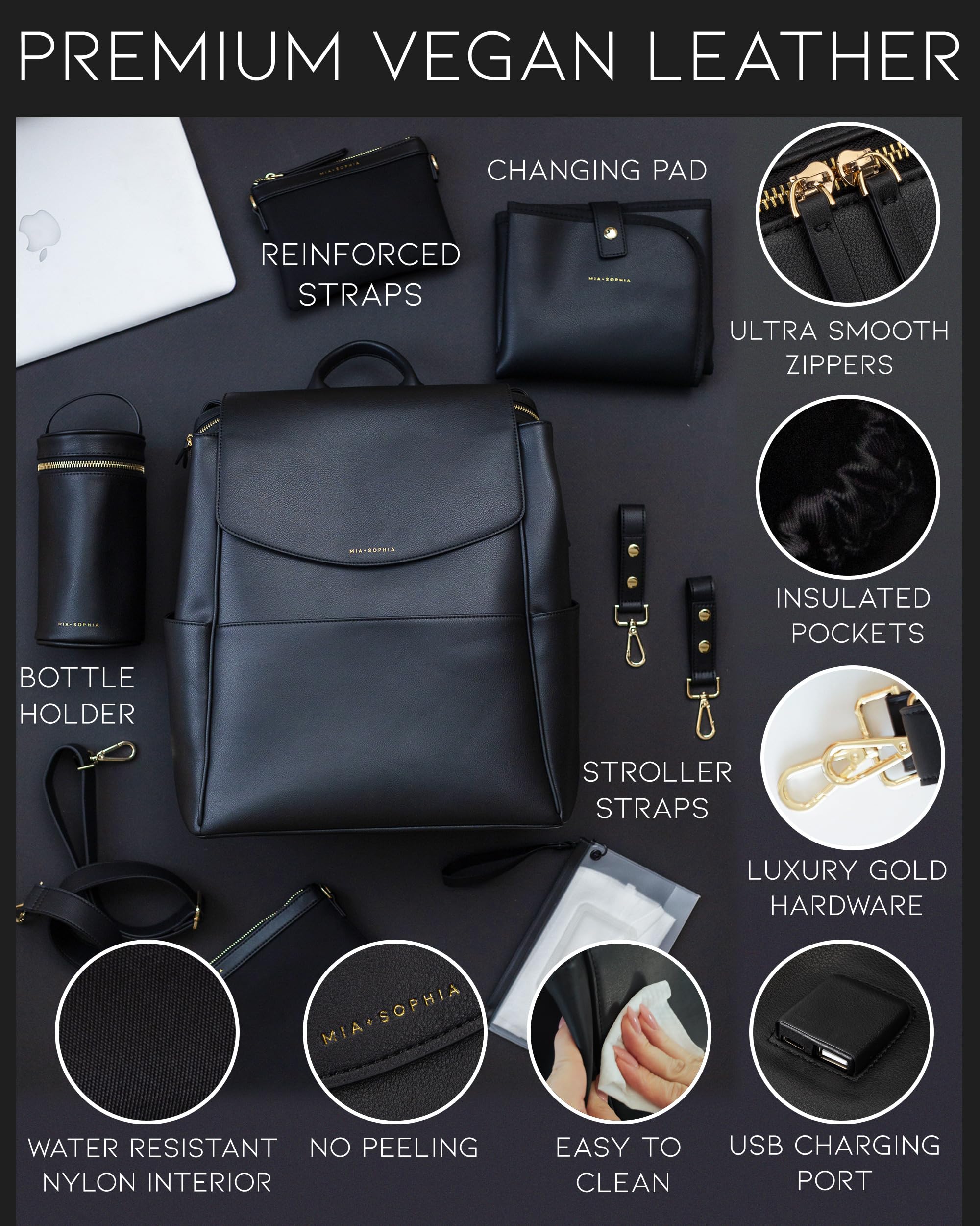 Premium Leather Diaper Bag Backpack with USB Charging Port, Insulated Bottle Pocket & Stroller Straps - Includes Changing Pad - Perfect for Baby Essentials Organization (Black Olivia) - Ideal for Travel, Daycare & On-the-Go Parents
