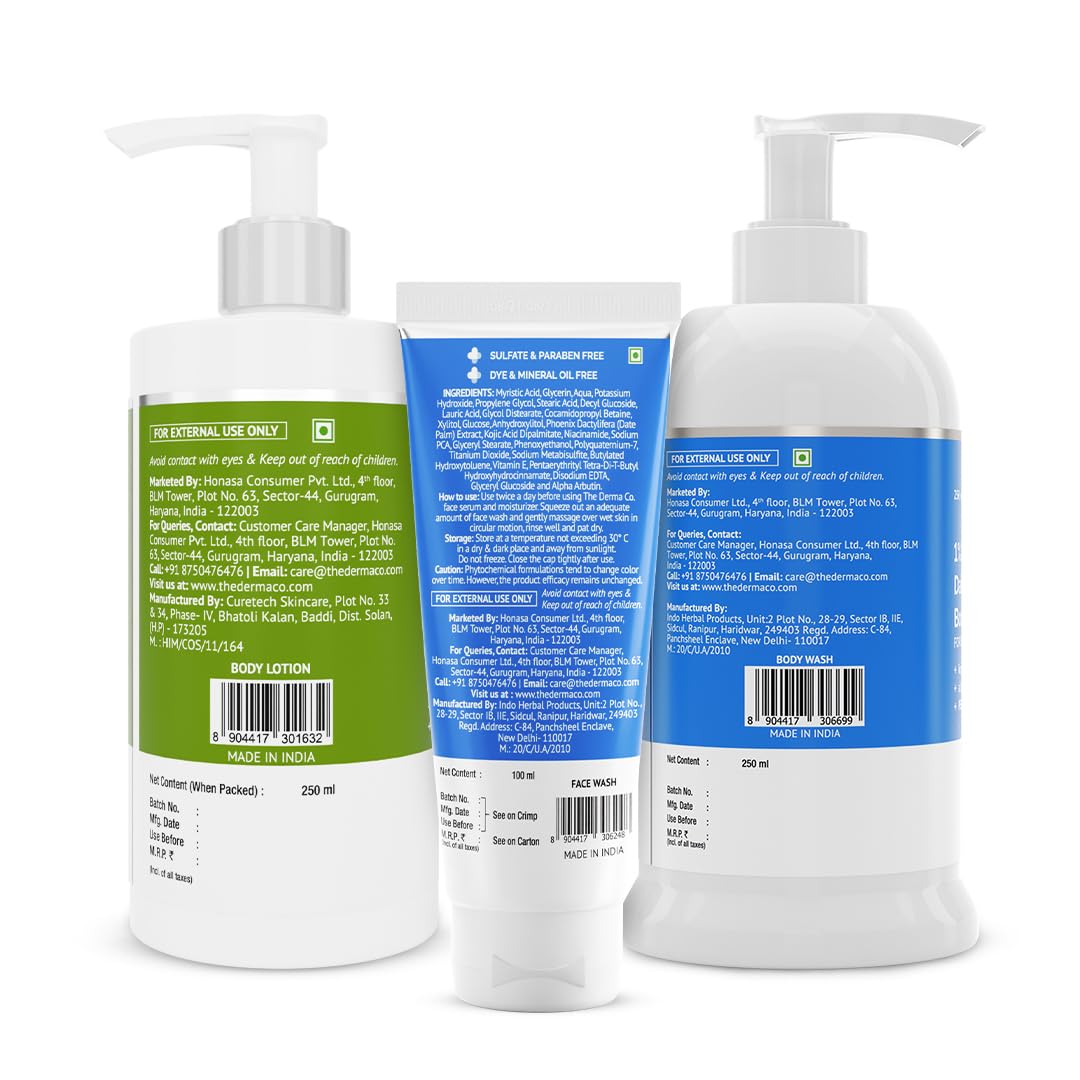 The Derma Co Hello Clear Skin Combo - 1% Kojic Acid Face Wash (100ml) + Brightening Body Wash (250ml) + Daily Glow Body Serum-Lotion (250ml) for Dark Spots, Pigmentation & Uneven Skin Tone | Dermatologist Recommended Skincare Set for Face & Body | Perfect for Daily Use, Acne-Prone & Sensitive Skin