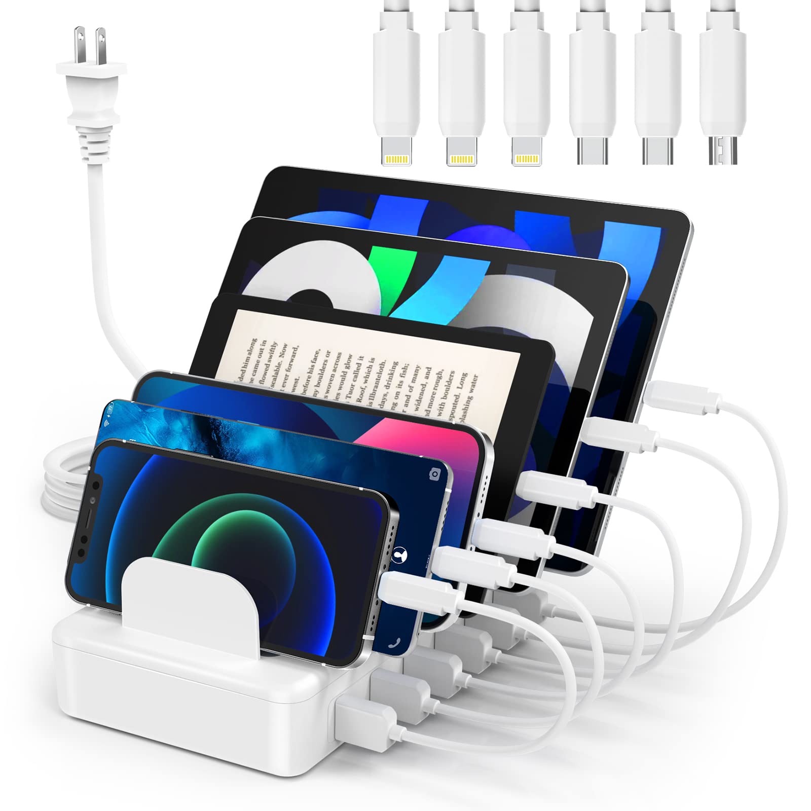 ZXSWONLY 6-Port USB Charging Station with 6 Cables - Fast Multi Device Charger Dock for iPhone, Android, Tablet, Kindle, iPad, Smartphones - Perfect for Home, Office, Travel & Nightstand Charging (White)