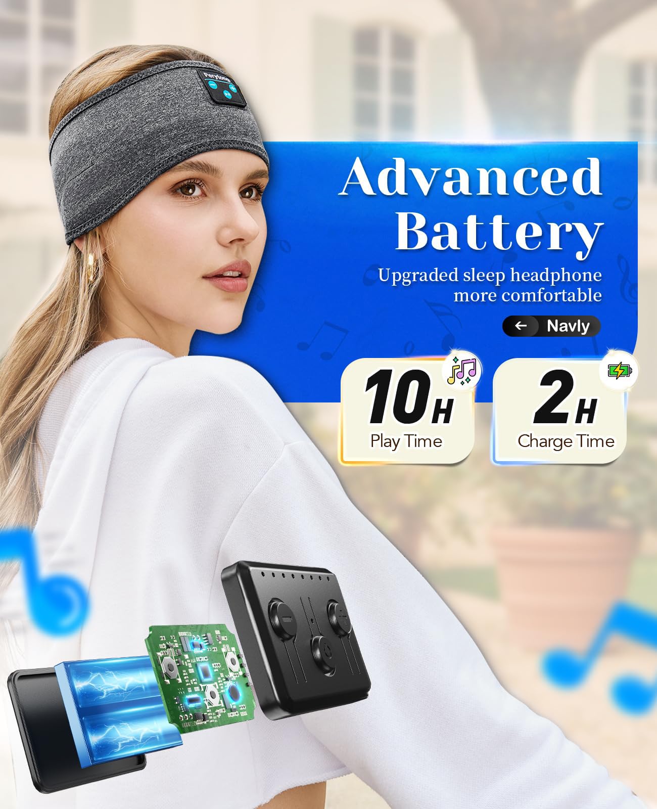 Navly Sleep Headphones - Ultra-Thin HD Stereo Sports Headband with Soft Cozy Earbuds, 10-Hour Battery Life for Workout, Running, Yoga & Travel | Perfect for Sleeping, Meditation & Relaxation