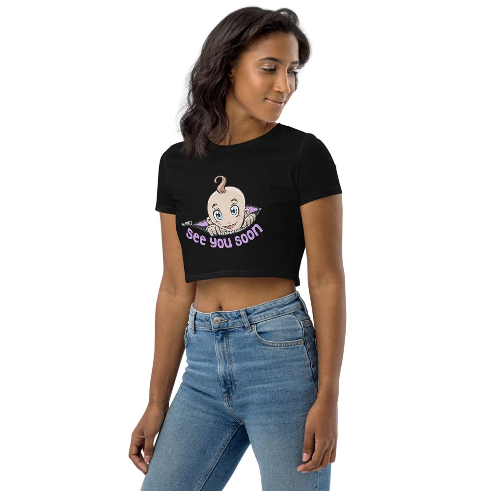 Funny Maternity Pregnancy Announcement Crop Top - 'See You Soon' Cute Baby Reveal Shirt for Gender Reveal Parties & Photoshoots