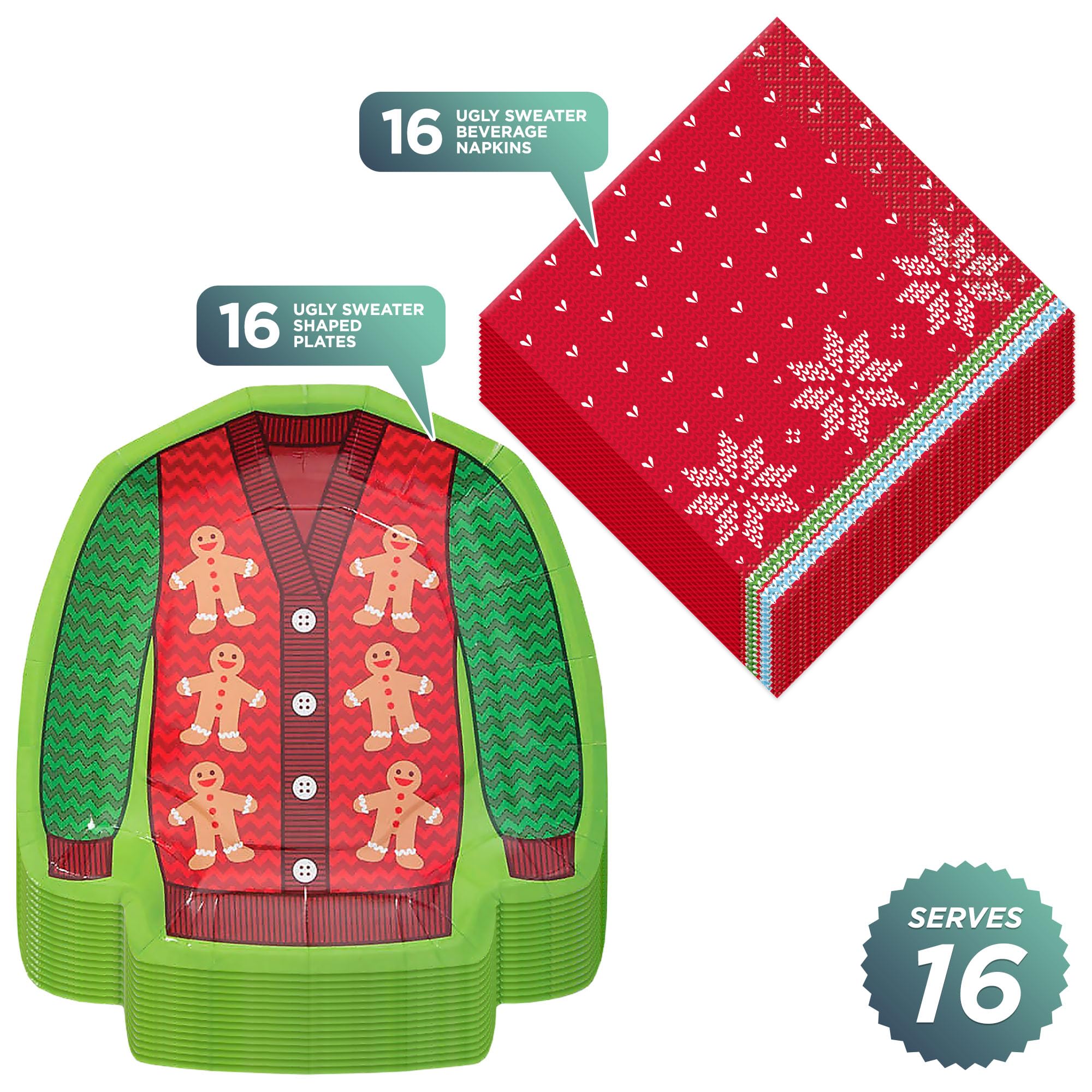 Ugly Christmas Sweater Party Supplies - 16 Dessert Plates & Beverage Napkins Set for Tacky Holiday Parties | Perfect for Christmas Office Parties, Family Gatherings & Festive Celebrations