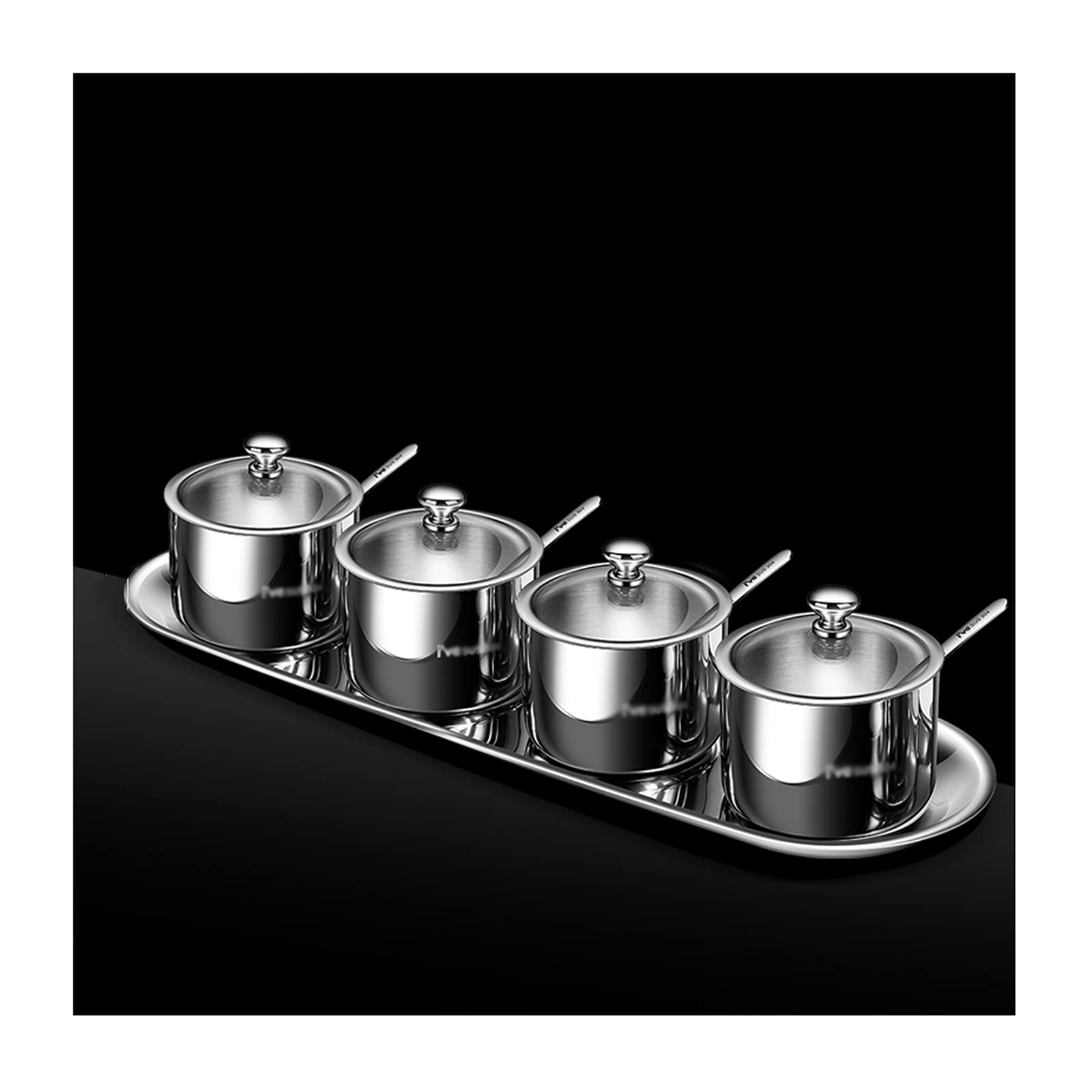 Premium Stainless Steel Condiment Pots Set - 4 Piece Spice Jars with Lids for Salt, Pepper, Sugar & Seasonings | Kitchen Storage Organizer for Countertop, Dining Table & Restaurant Use