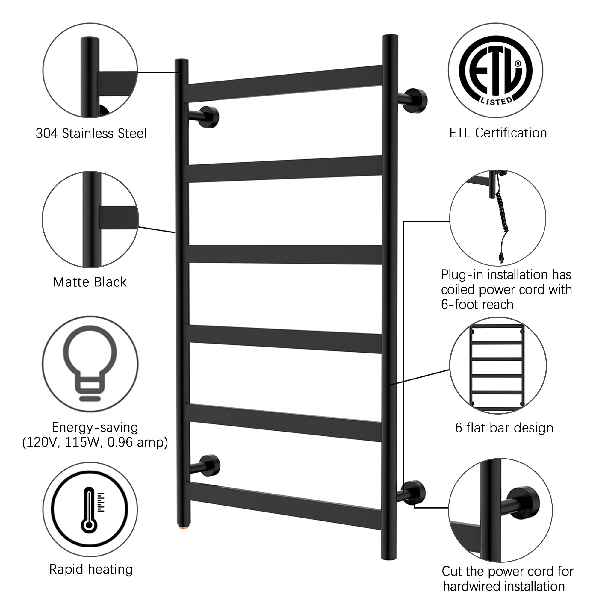 HEATGENE 6-Bar Wall-Mounted Electric Towel Warmer & Dryer - Matte Black - Fast Heating Bathroom Heater for Spa, Luxury Hotels & Home Use