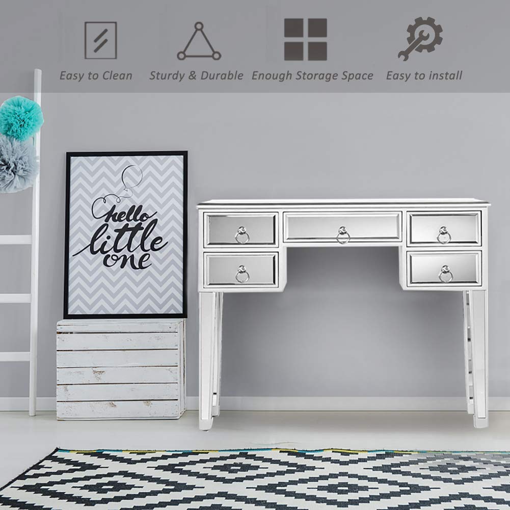 Modern Mirrored Vanity Table with 5 Drawers - Silver Makeup Desk & Writing Table for Women, Home Office & Bedroom - Elegant Console Table with Smooth Finish for Dressing, Working & Media Storage