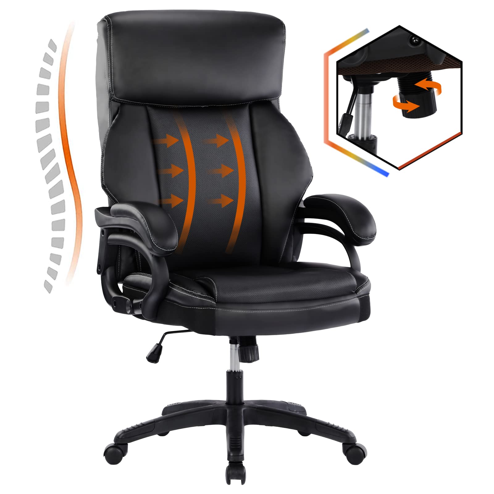 Comermax High Back Executive Office Chair - PU Leather Swivel Computer Desk Chair with Adjustable Height & Lumbar Support, Ergonomic Design for Big and Tall Users (Black) - Perfect for Home Office, Gaming & Workspace Comfort