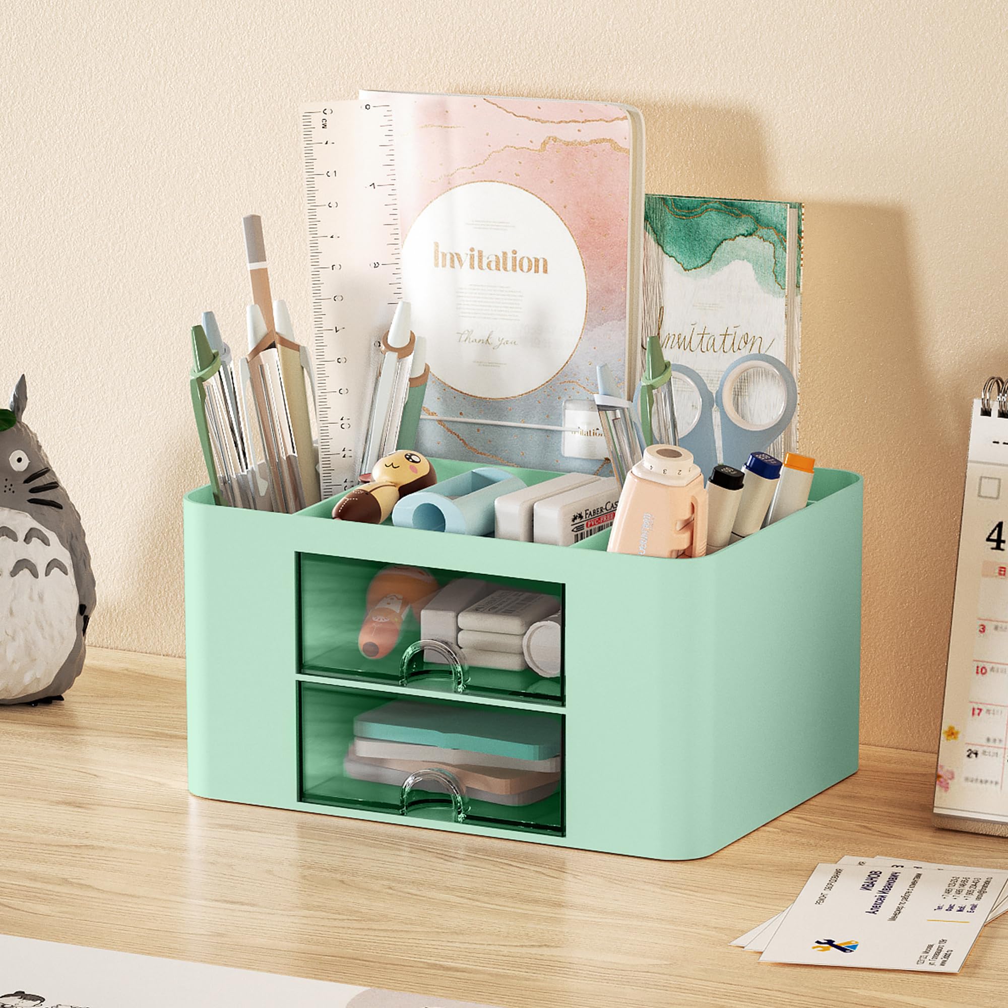 Premium Marbrasse Pen Organizer with 2 Drawers - Multifunctional Desk Pencil Holder & Office Supplies Organizer with 5 Compartments for Pens, Markers, Art Tools (Green) - Perfect for Home Office, School & Craft Room Organization