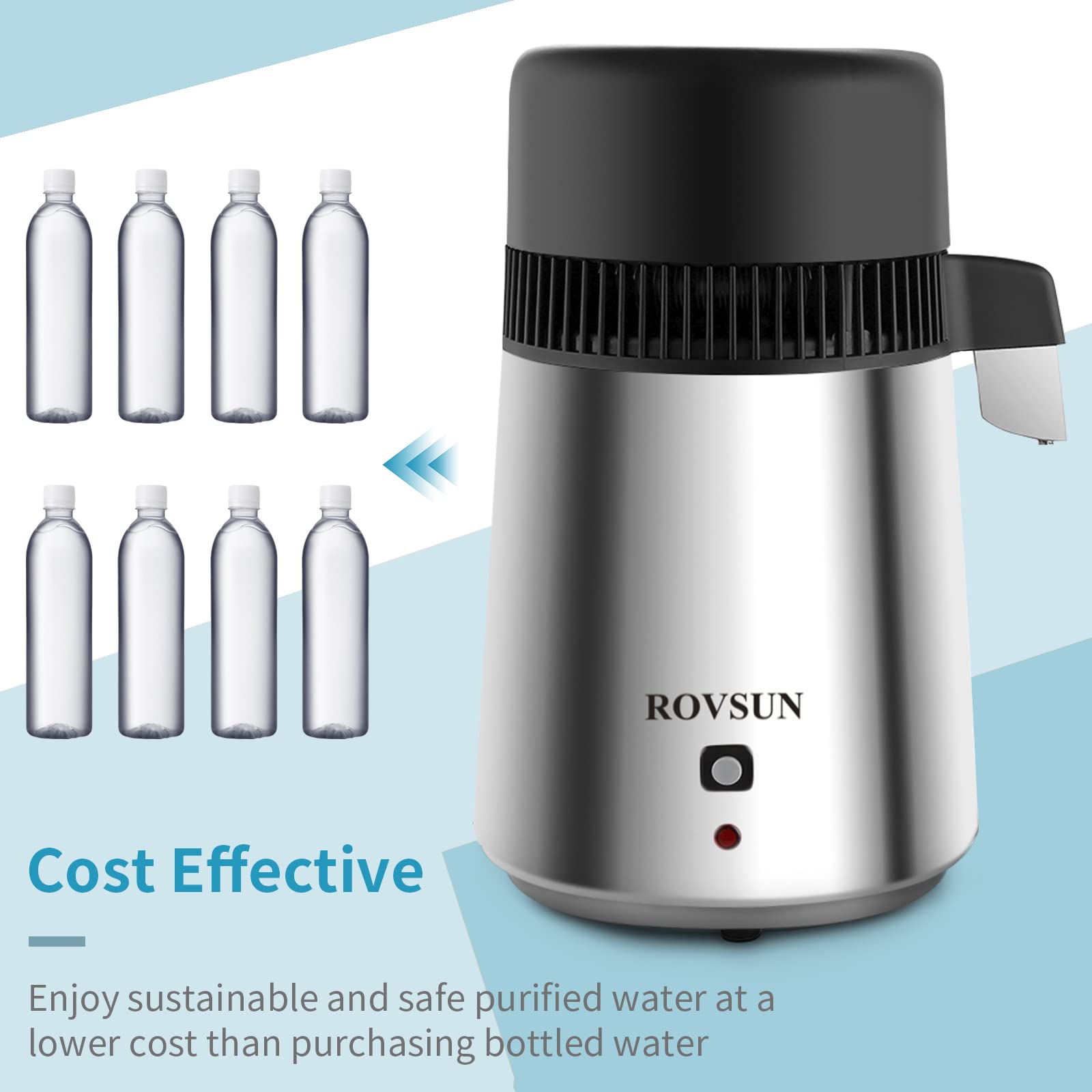 ROVSUN Upgraded 1.1 Gallon/4L Stainless Steel Water Distiller for Home - 750W Countertop Distilled Water Maker Machine with Glass Container (1L/H Output) - Perfect for Drinking, Baby Formula, Humidifiers & Medical Use