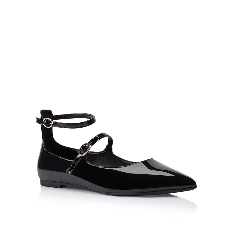 Issie Buckle Flats - Black Patent Leather Women's Shoes for Work, Office & Casual Wear