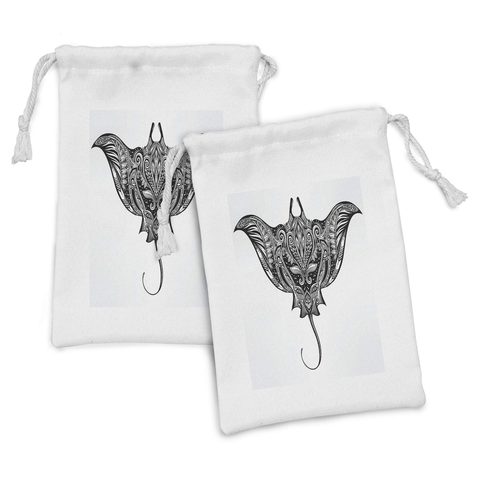 Ambesonne Black and White Fabric Pouch Set of 2 - Hand Drawn Cramp Fish Boho Style Drawstring Bags for Toiletries, Masks, Jewelry & Travel Essentials (9