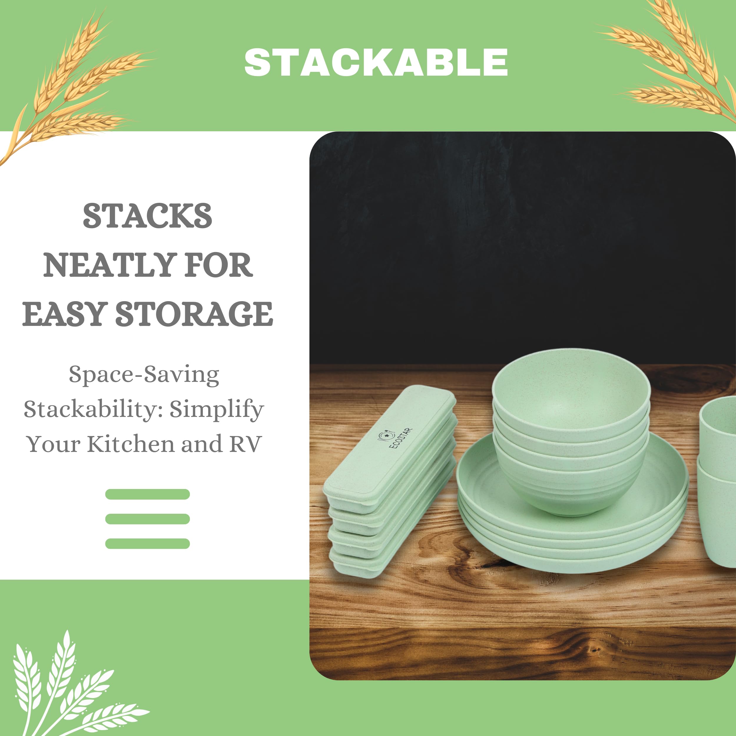 ECOSTAR Wheat Straw Dinnerware Set - Unbreakable Plates, Bowls & Cups | Reusable, Dishwasher & Microwave Safe | Eco-Friendly Tableware for Parties, Picnics & Daily Use (Green)