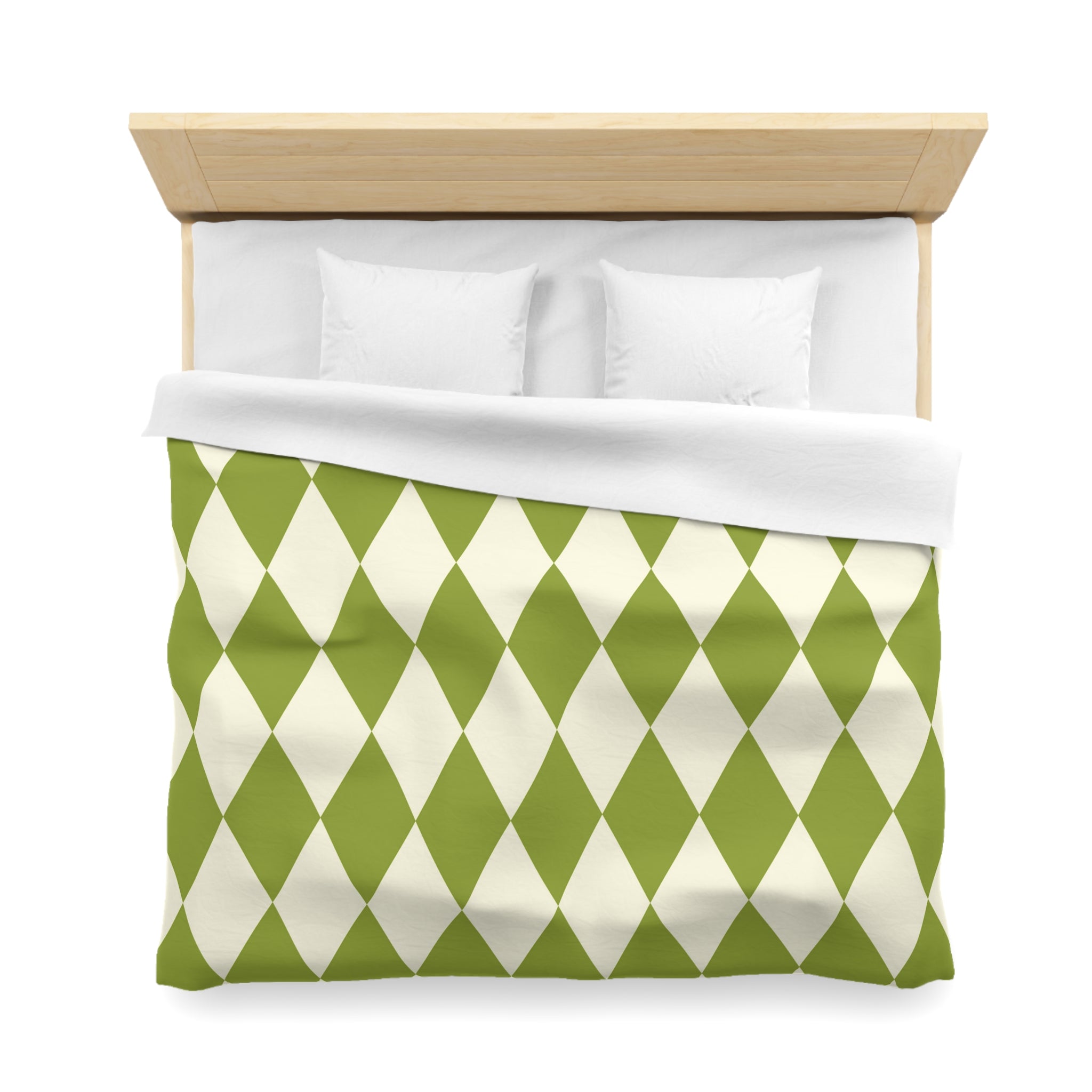Harlequin Microfiber Duvet Cover Set - Green & Off White Diamond Pattern Bedding - Soft Queen/King Size Duvet Cover for Cozy Bedroom Decor