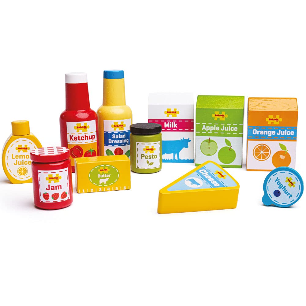 Bigjigs Toys Wooden Play Food Set - 11 Piece Chilled Groceries for Pretend Play, High Quality Wooden Toy Food for Toddlers & Kids, Perfect Wooden Kitchen Accessories for Imaginative Play & Early Learning | Great for Preschool Playtime, Montessori Activities & Role-Playing Games