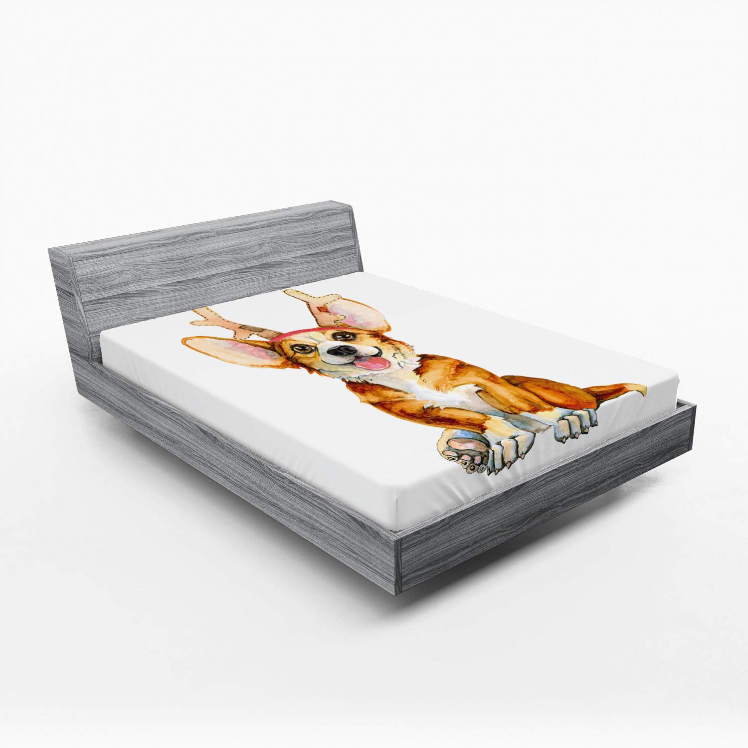 Ambesonne 2-Pack King Fitted Sheets - Corgi Dog with Antlers for Cozy Bedding