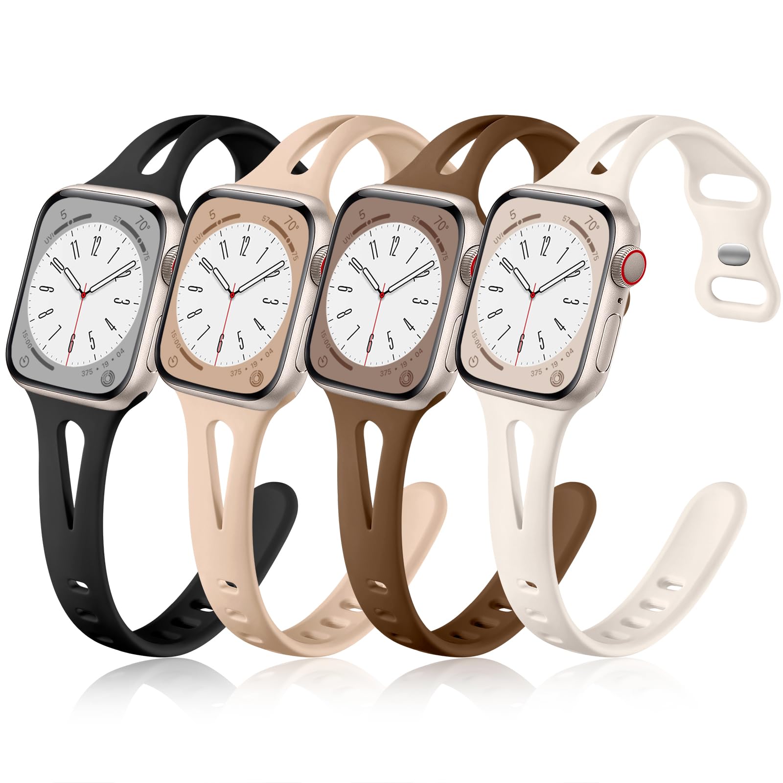 Getino Compatible with Apple Watch Band 40mm 38mm 41mm 44mm 42mm - Soft Silicone Sport Strap for iWatch Series 10/9/8/7/6/5/4/3/2/1/SE - Thin Lightweight Durable Design for Women & Men (Black/Dark Brown/Starlight/Milk Tea) - Perfect for Running, Gym & Everyday Wear